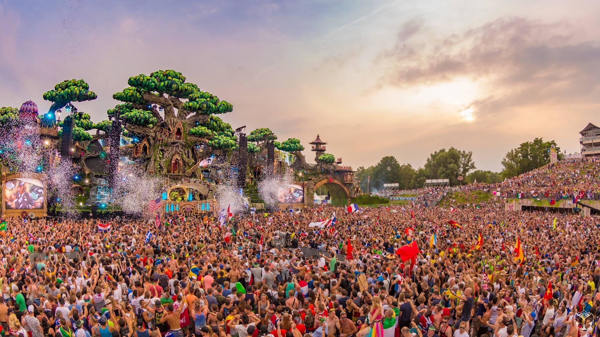 Tomorrowland, Main stage, Folla, Tramonto, 16:9 Full HD, sfondo widescreen