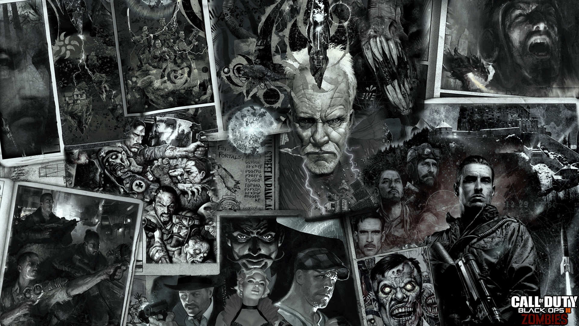 Call of Duty Zombies, Personaggi, Collage, Bianco e nero, 1920x1080, immagine di sfondo