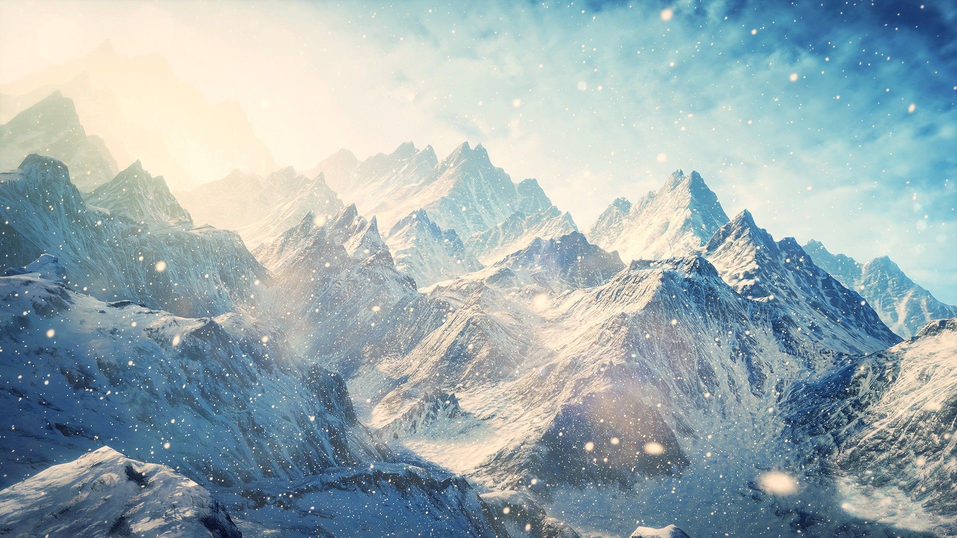 Montagne innevate, Neve, Vette, Inverno, Luce del sole, 16:9 Full HD, sfondo widescreen