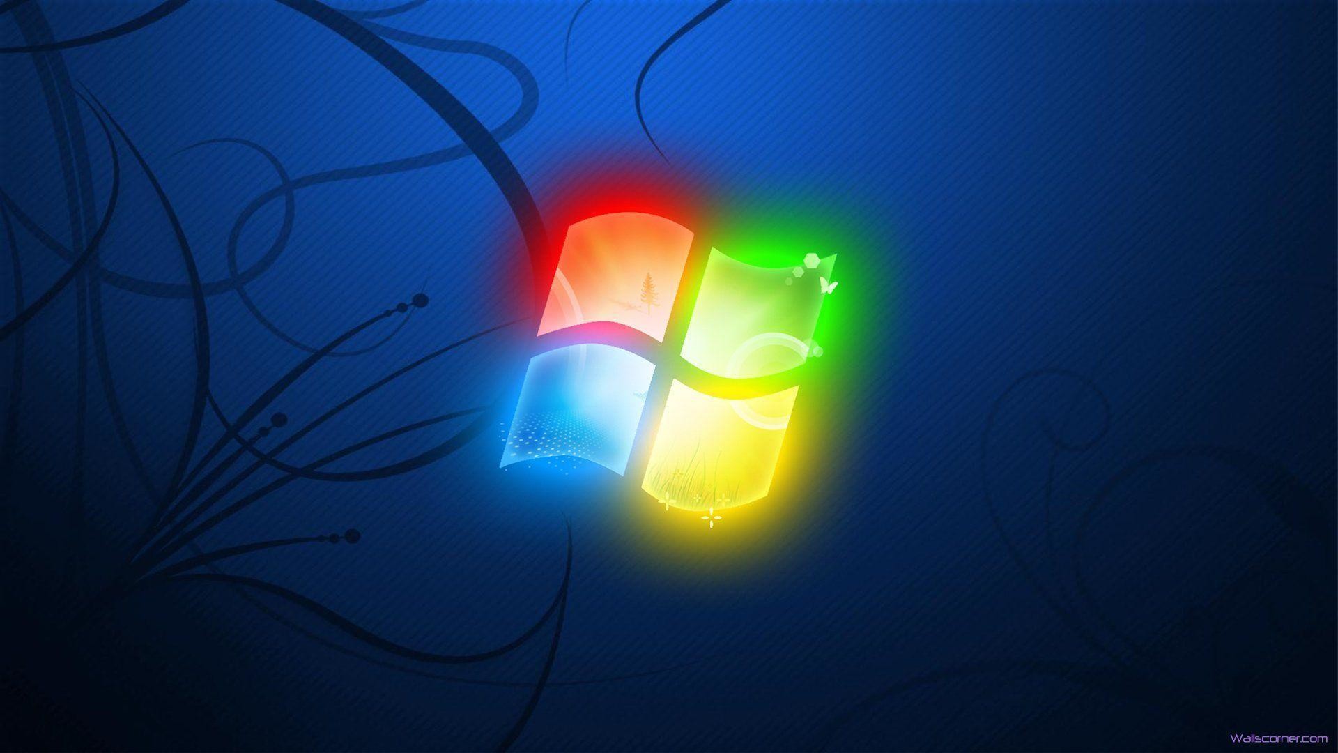 Windows 7, Logo Windows, Microsoft, Sfondo blu, Ghirigori, Full HD, wallpaper per PC