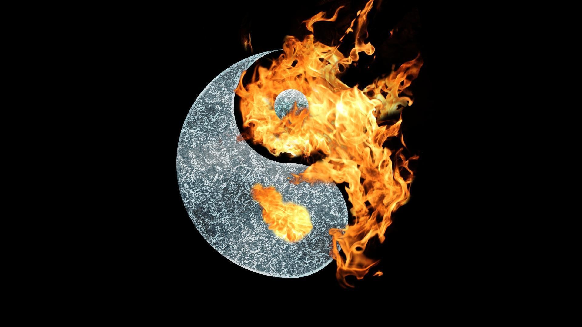 Yin e yang, Fuoco e ghiaccio, Sfondo nero, Full HD, wallpaper desktop