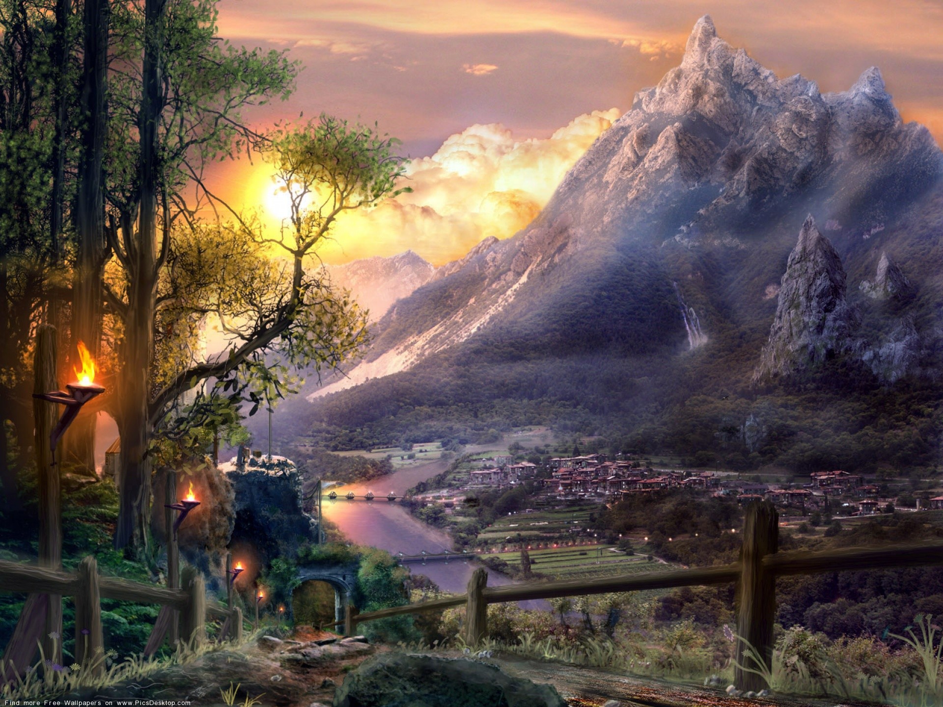 Fantasy, Montagna, Villaggio, Arte digitale, sfondo per iPad e tablet
