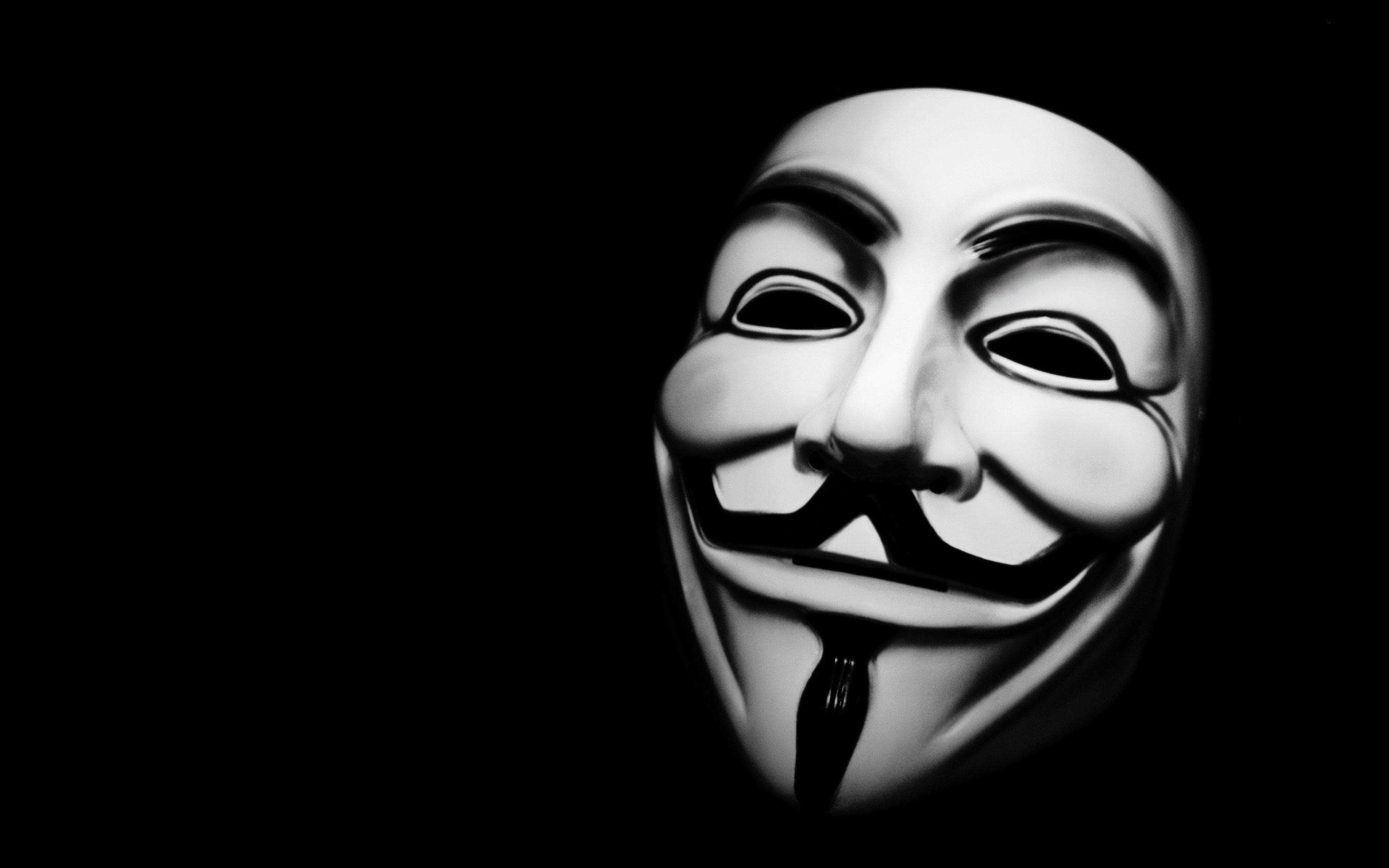 Maschera di Guy Fawkes, V per Vendetta, Bianco e nero, Sfondo nero, wallpaper desktop 2K