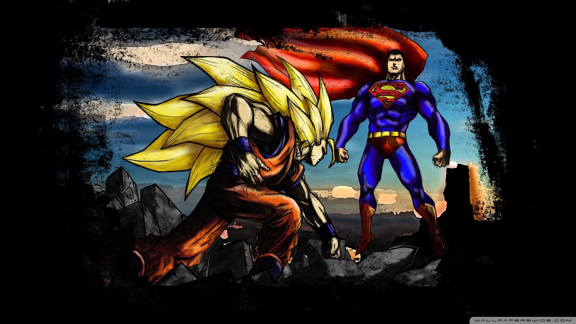 Superman, Goku, Dragon Ball, Super Saiyan 3, Crossover, Fan art, sfondo 1920x1080 per PC