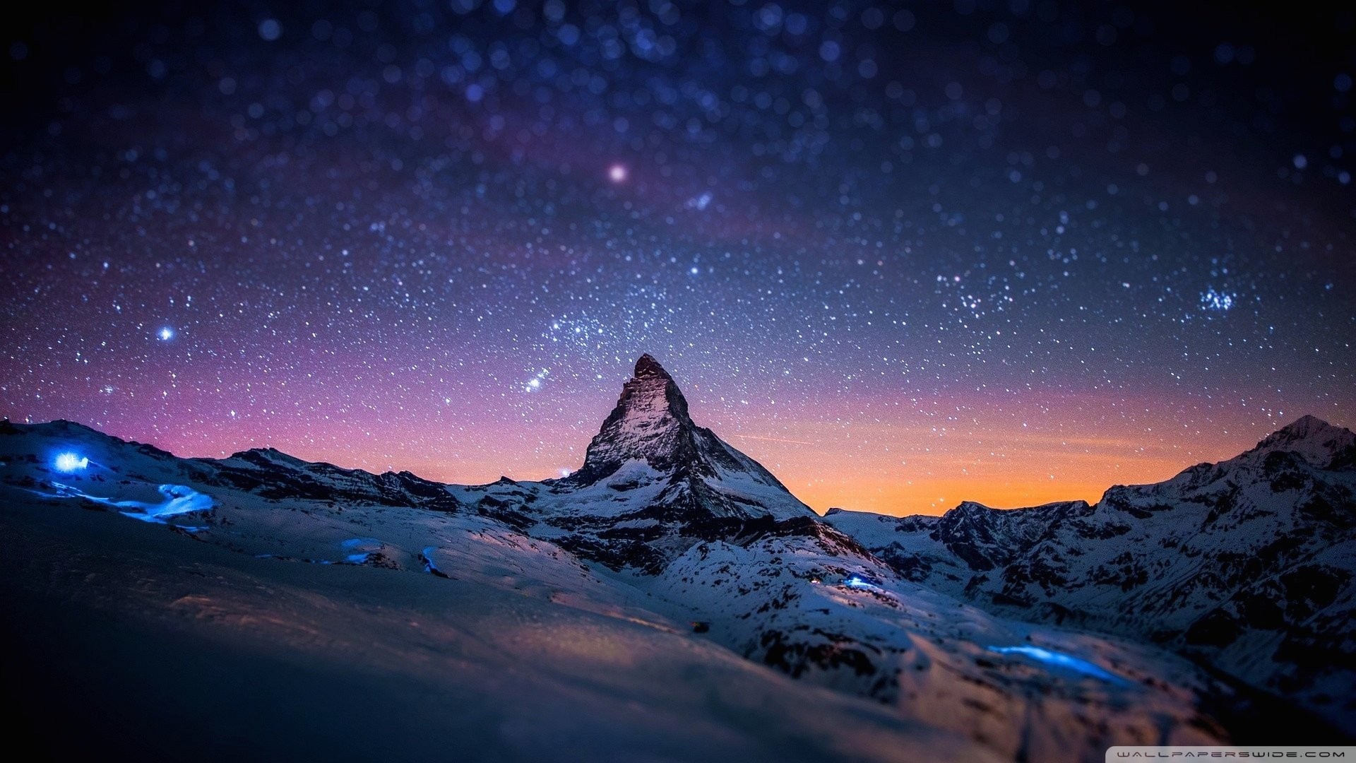 Cervino, Alpi, Notte stellata, Neve, 16:9 Full HD, sfondo widescreen