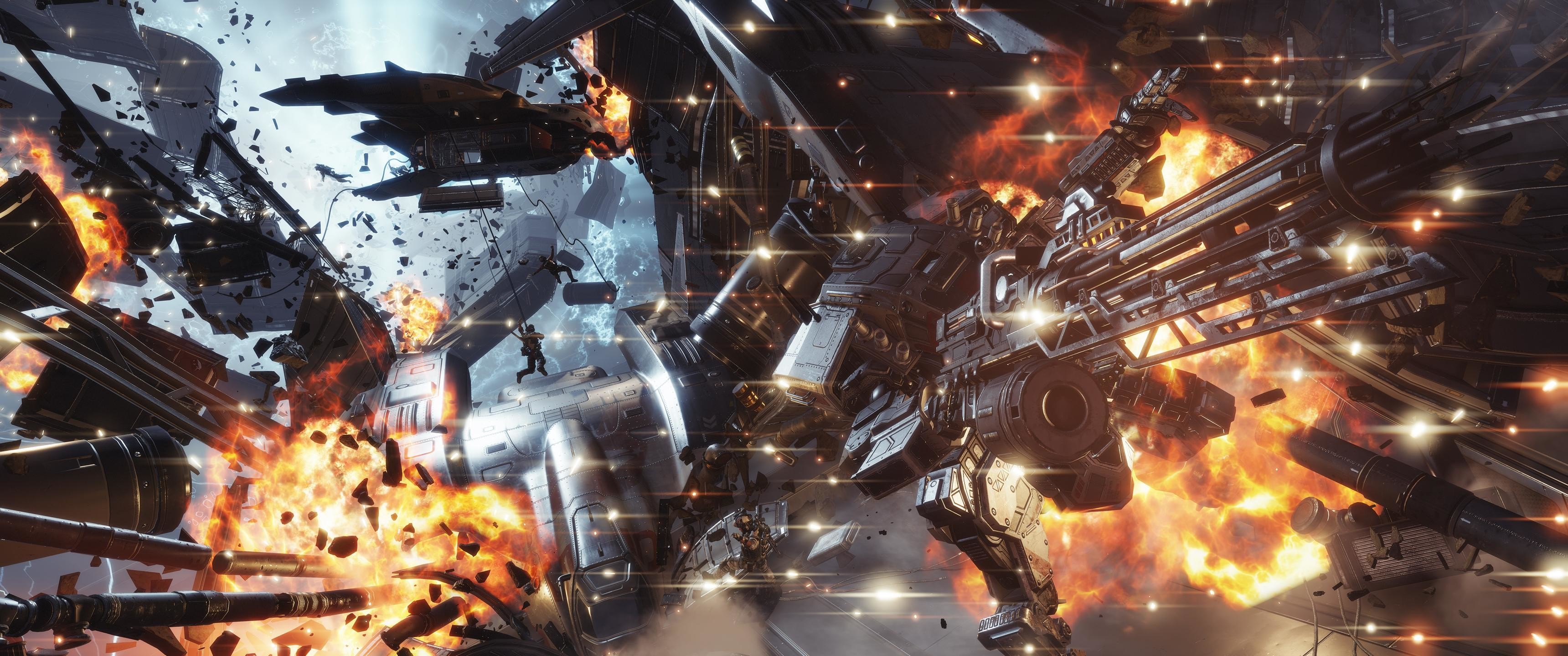 Titanfall 2, Astronavi, Esplosione, Battaglia spaziale, 21:9 2K, sfondo widescreen