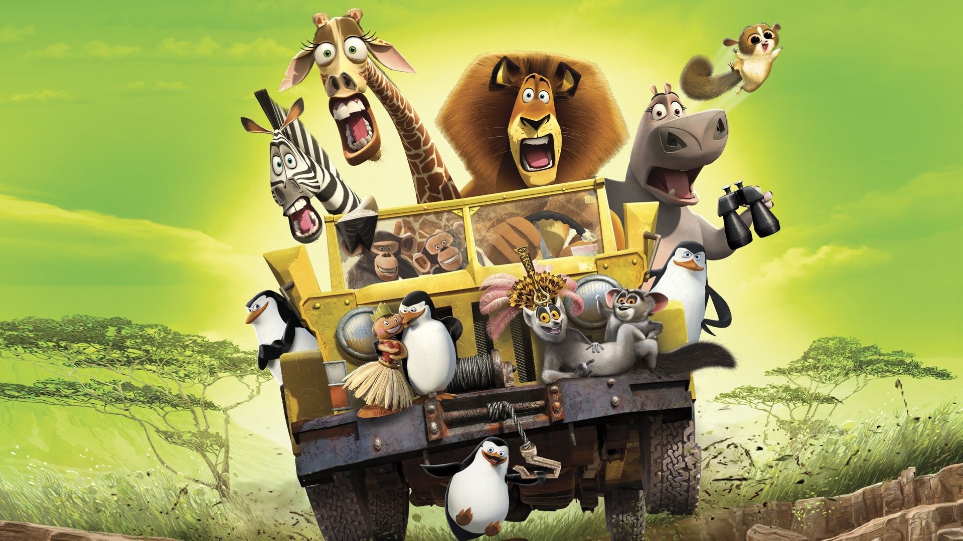 Madagascar, Alex, Marty, Melman, Gloria, Pinguini di Madagascar, DreamWorks, Savana, sfondo Full HD