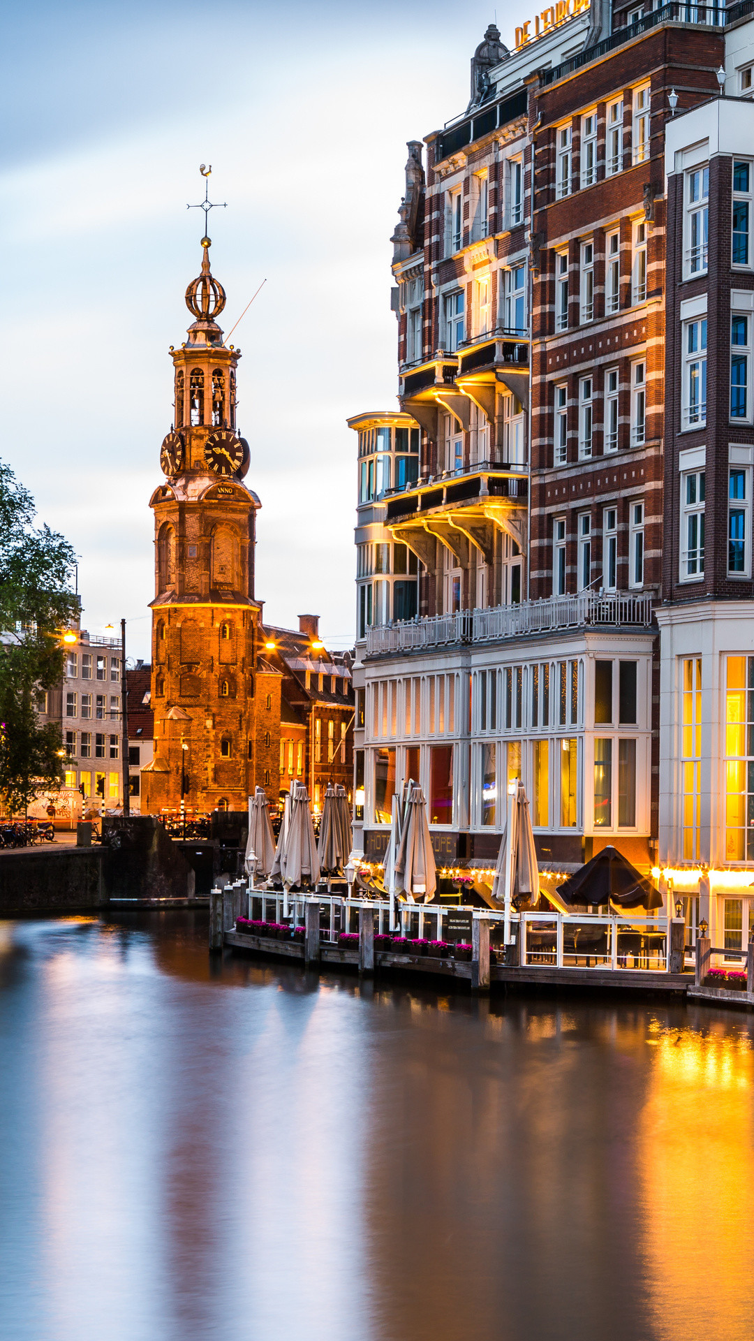 Amsterdam, Munttoren, Canale, Tramonto, wallpaper per iPhone e Android