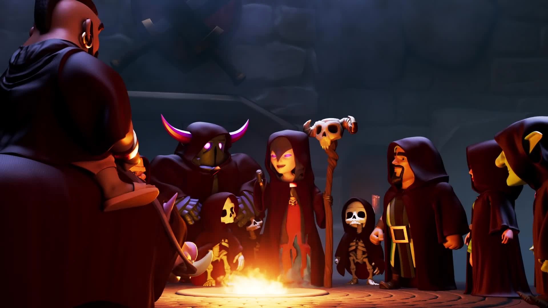 Stregone oscuro, Strega, P.E.K.K.A, Clash of Clans, Scheletri, Fuoco, sfondo 1920x1080 per PC