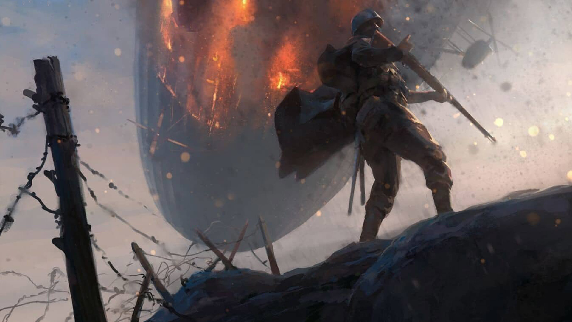 Battlefield 1, Soldato, Dirigibile in fiamme, Filo spinato, 1920x1080, immagine di sfondo