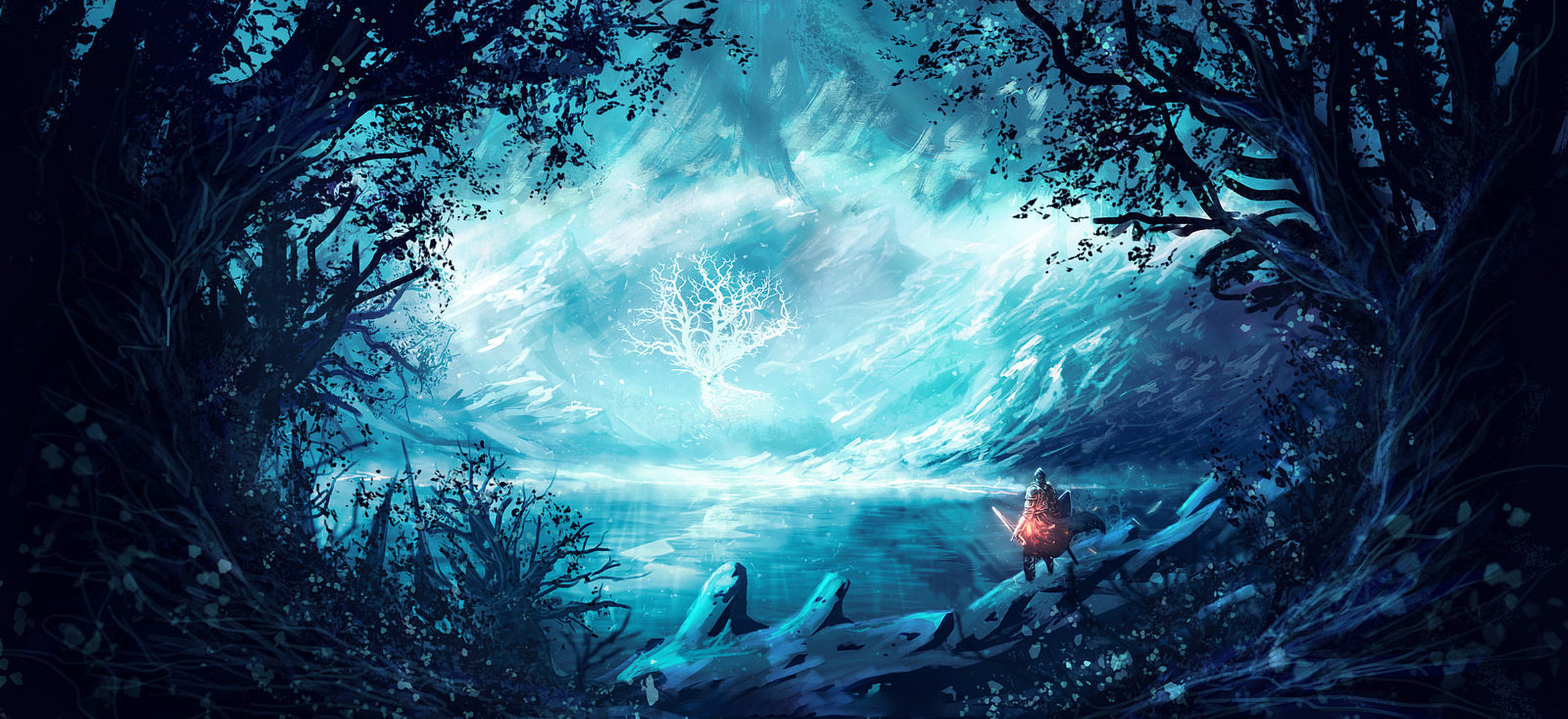 Grotta, Albero bianco, Paesaggio fantasy, Azzurro, Full HD, sfondo per PC e portatile