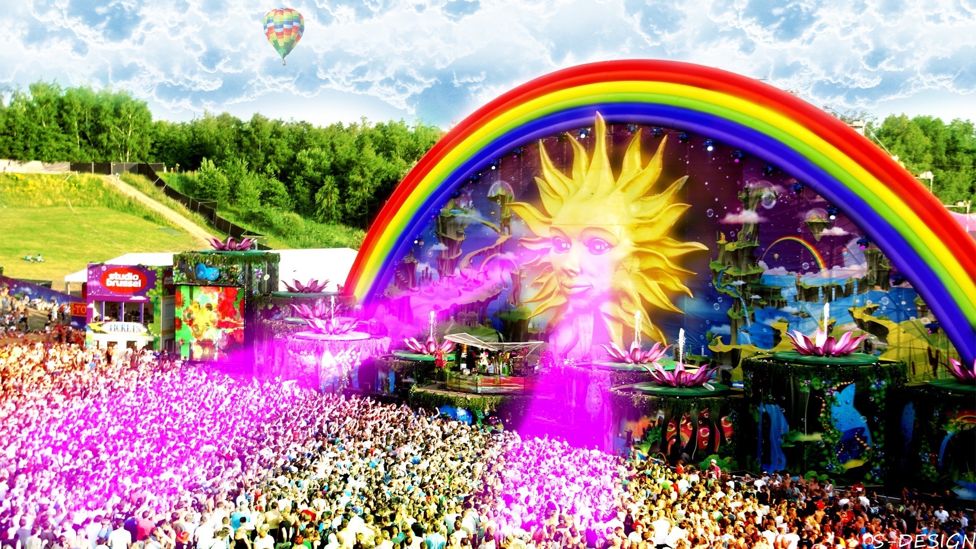 Tomorrowland, Arcobaleno, Sole, Main stage, Folla, 1920x1080, immagine di sfondo
