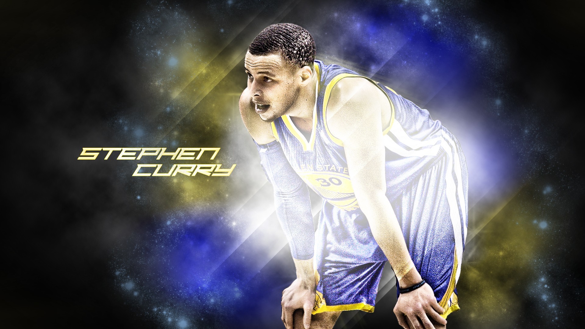 Stephen Curry, Golden State Warriors, Arte digitale, Blu e giallo, sfondo 1920x1080 per PC