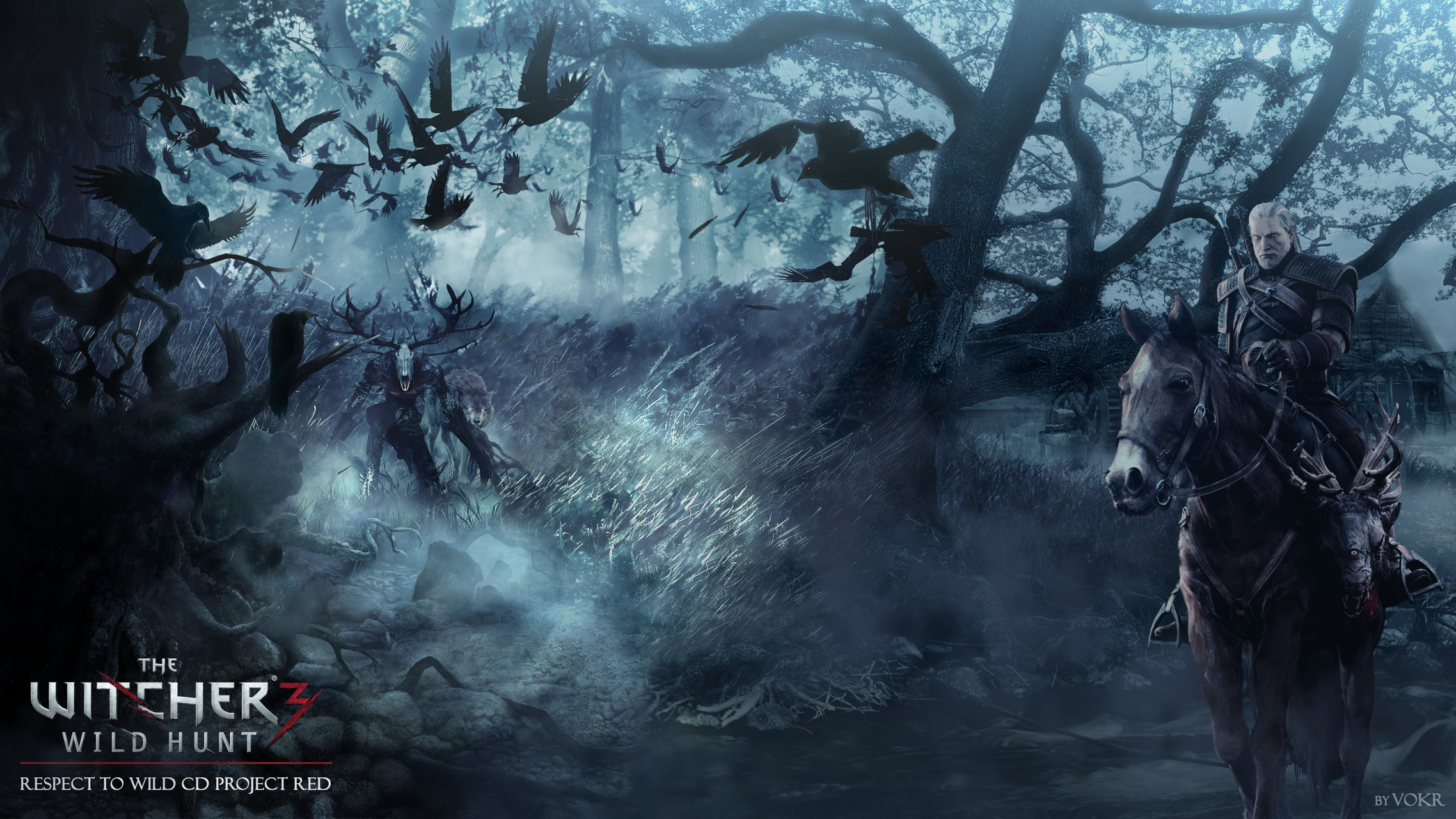 Geralt di Rivia, Rutilia, The Witcher 3: Wild Hunt, Corvi, Foresta, sfondo Full HD per computer