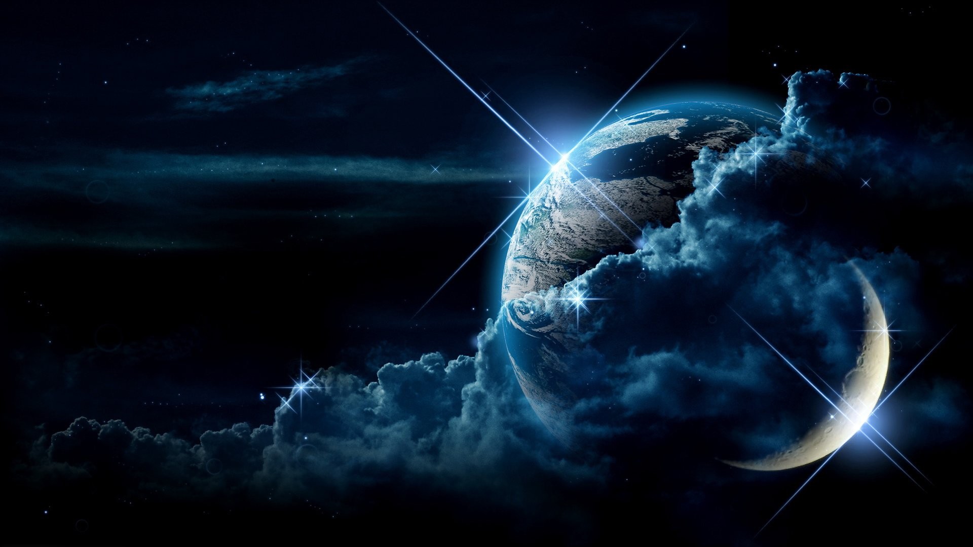 Terra, Luna crescente, Nuvole, Arte digitale, Full HD 1080p, sfondo desktop