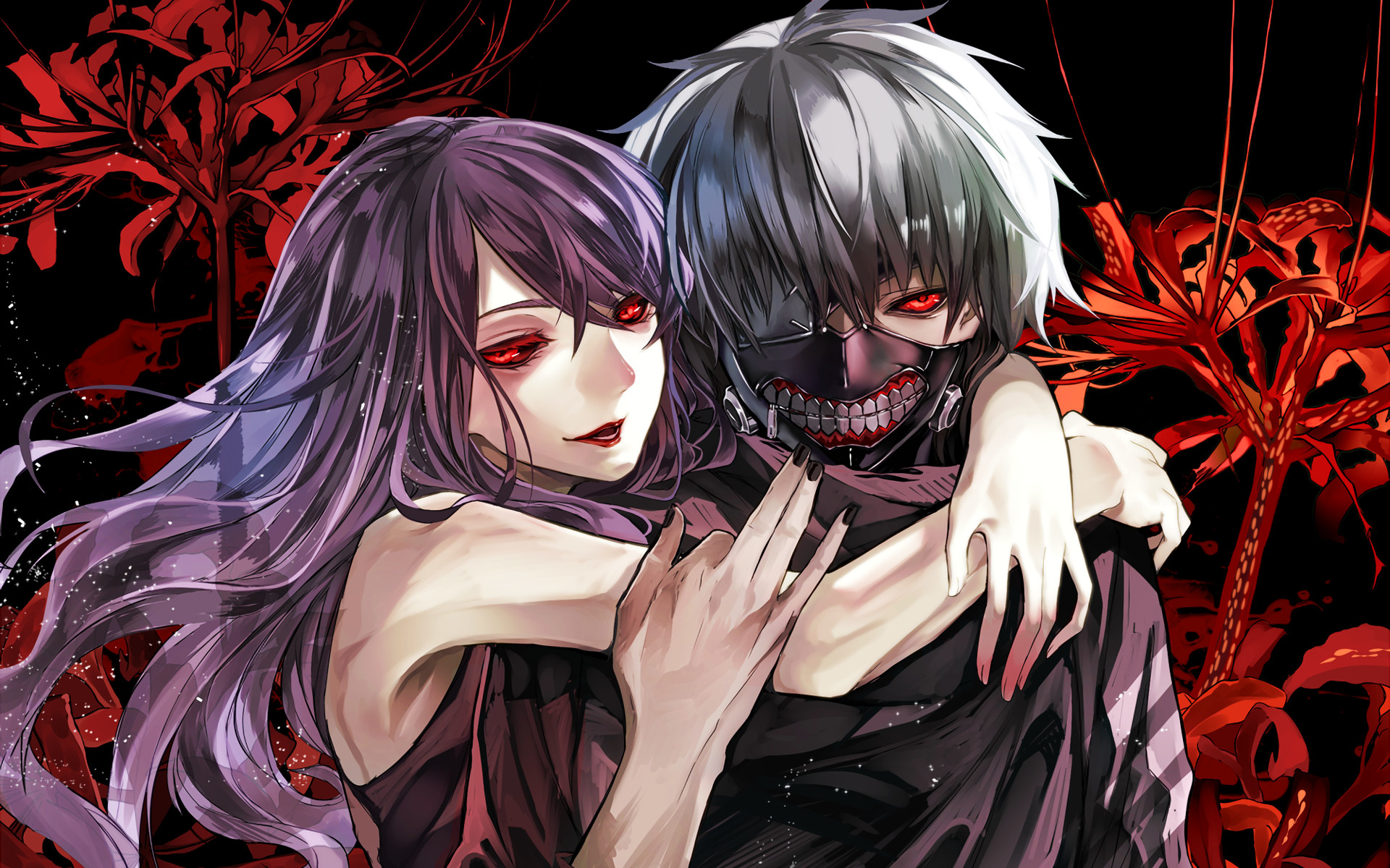 Ken Kaneki, Rize Kamishiro, Tokyo Ghoul, Gigli rossi, Abbraccio, sfondo 16:10 Full HD