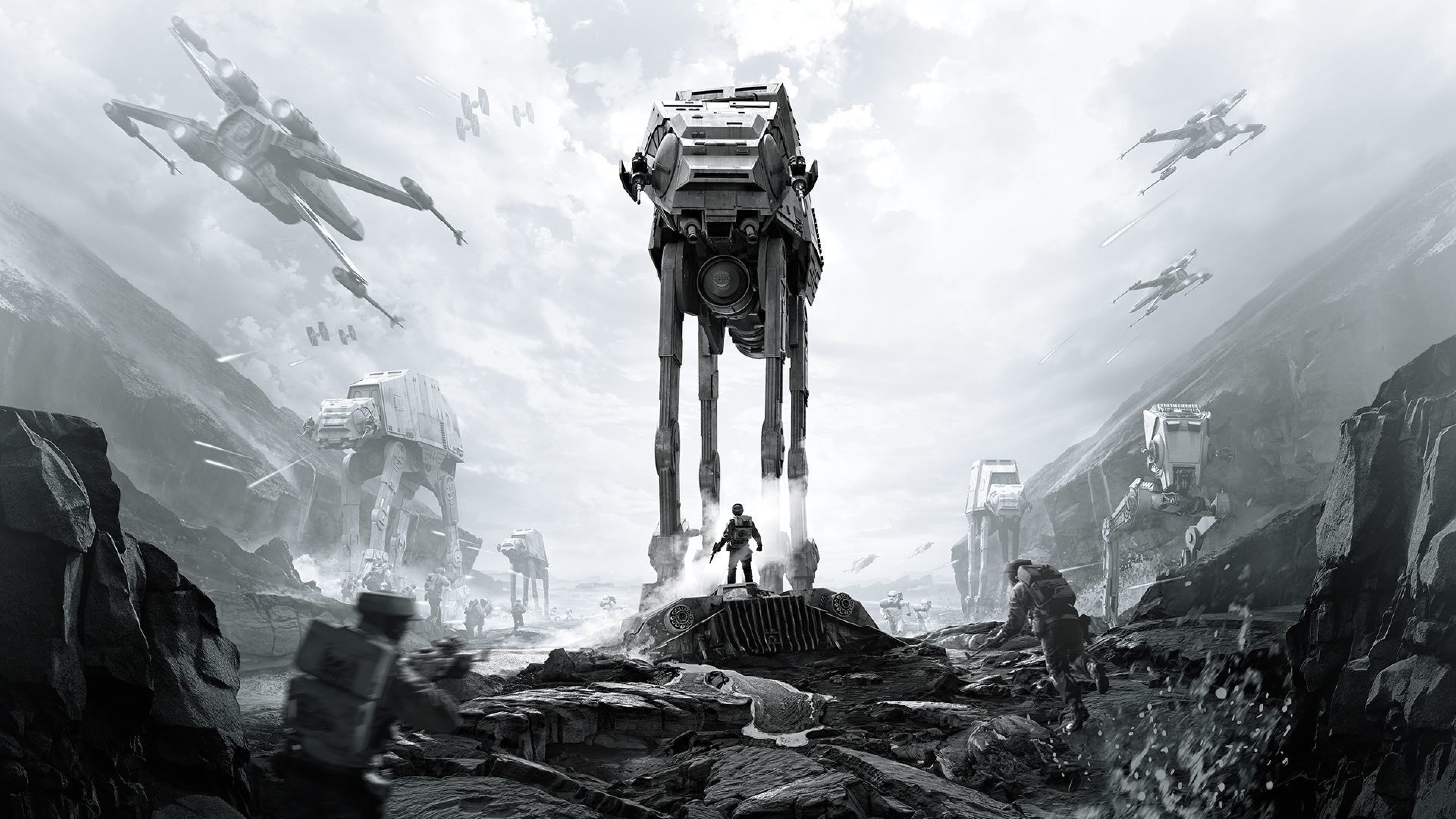 AT-AT, X-wing, Star Wars Battlefront, Bianco e nero, 3840x2160, immagine di sfondo