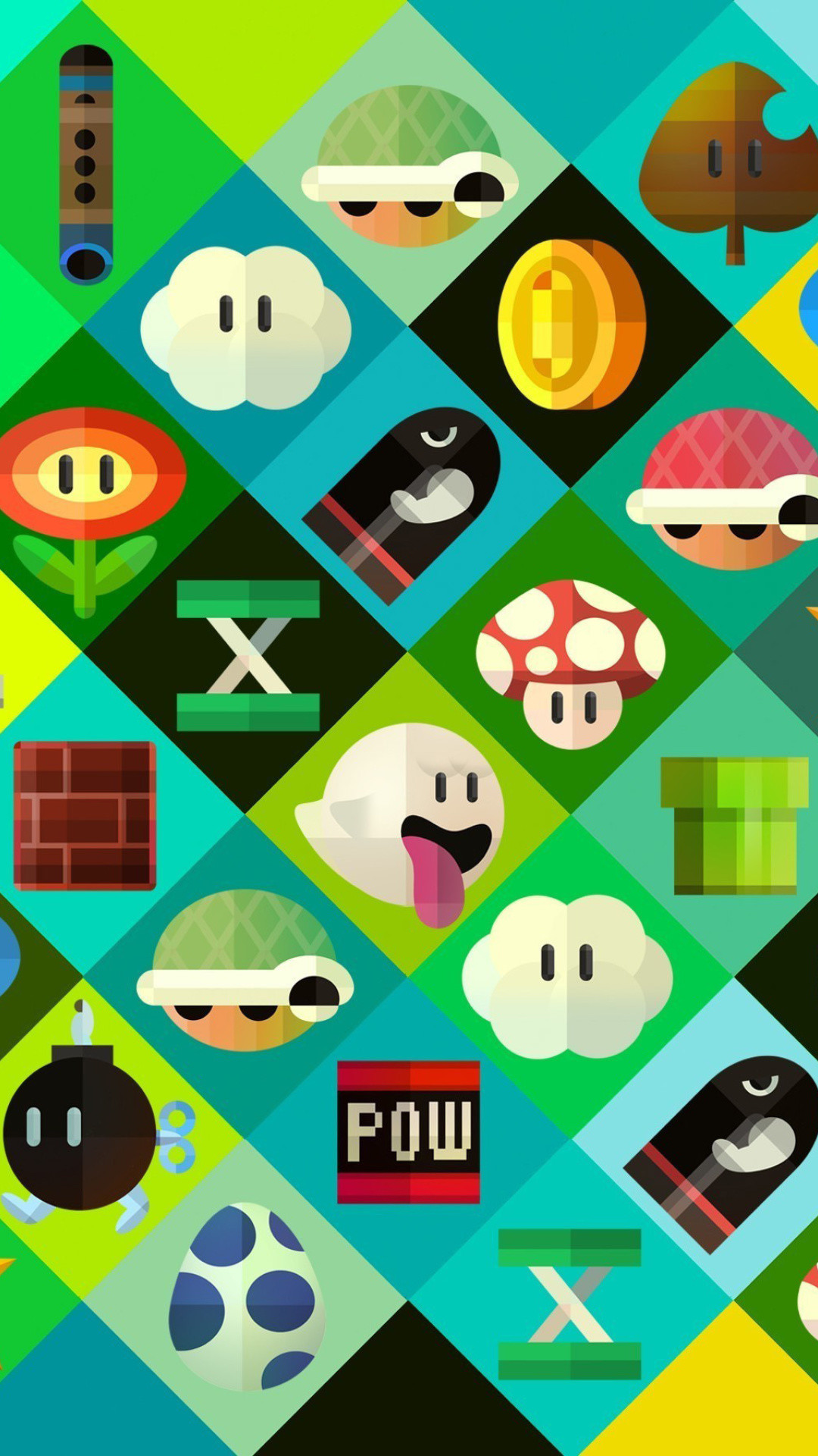 Super Mario, Guscio di Koopa, Blocco POW, Motivo a rombi, Pixel art, sfondo per iPhone