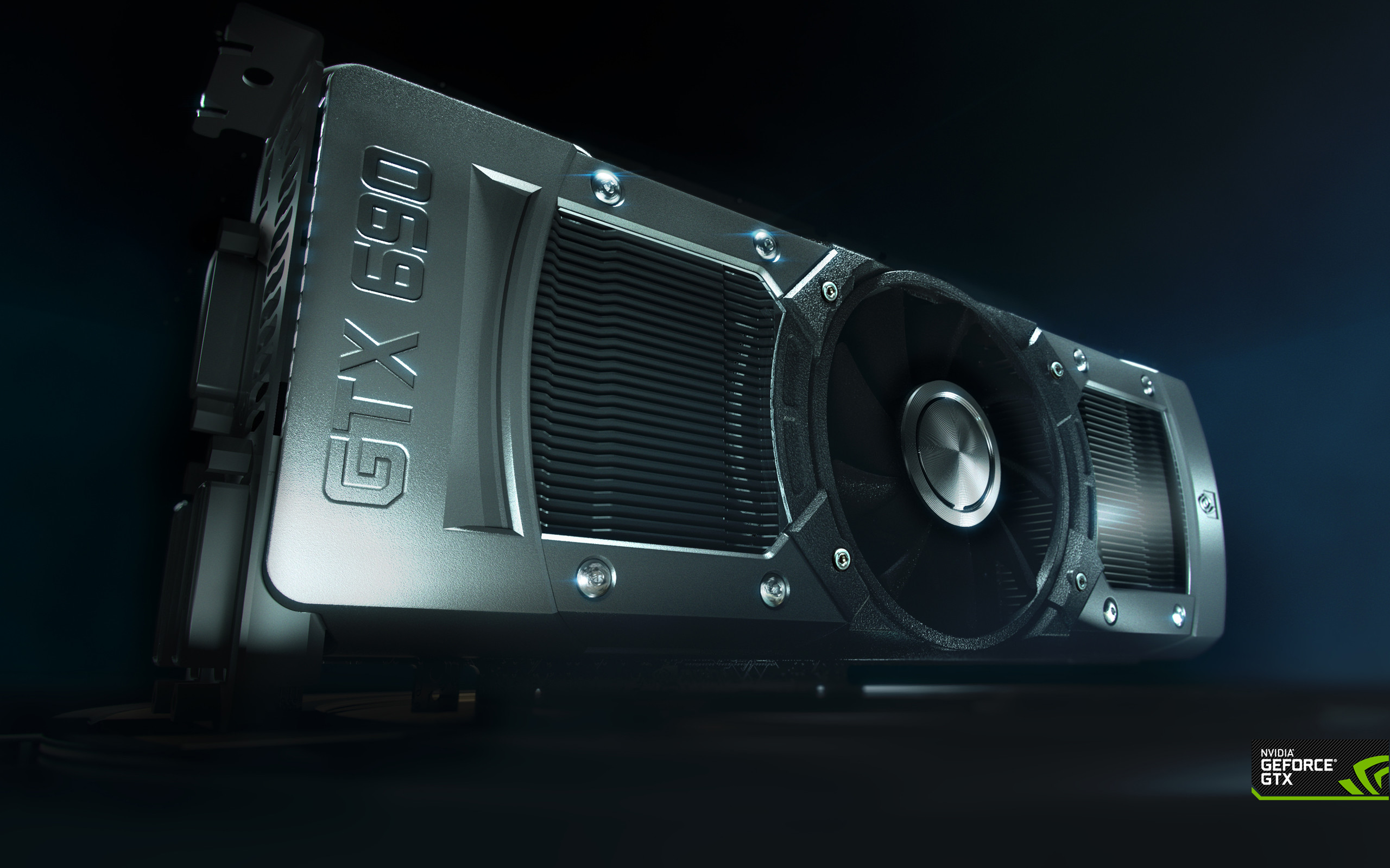 Nvidia GeForce GTX 690, Scheda video, GPU, Metallo, Sfondo blu, 2560x1600, wallpaper desktop