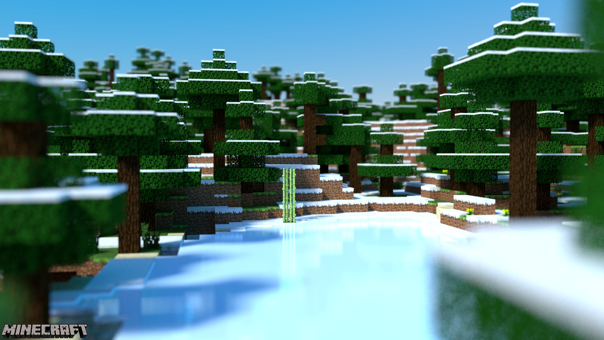 Minecraft, Taiga innevata, Lago ghiacciato, Abeti, Cascata, Full HD, sfondo per portatile
