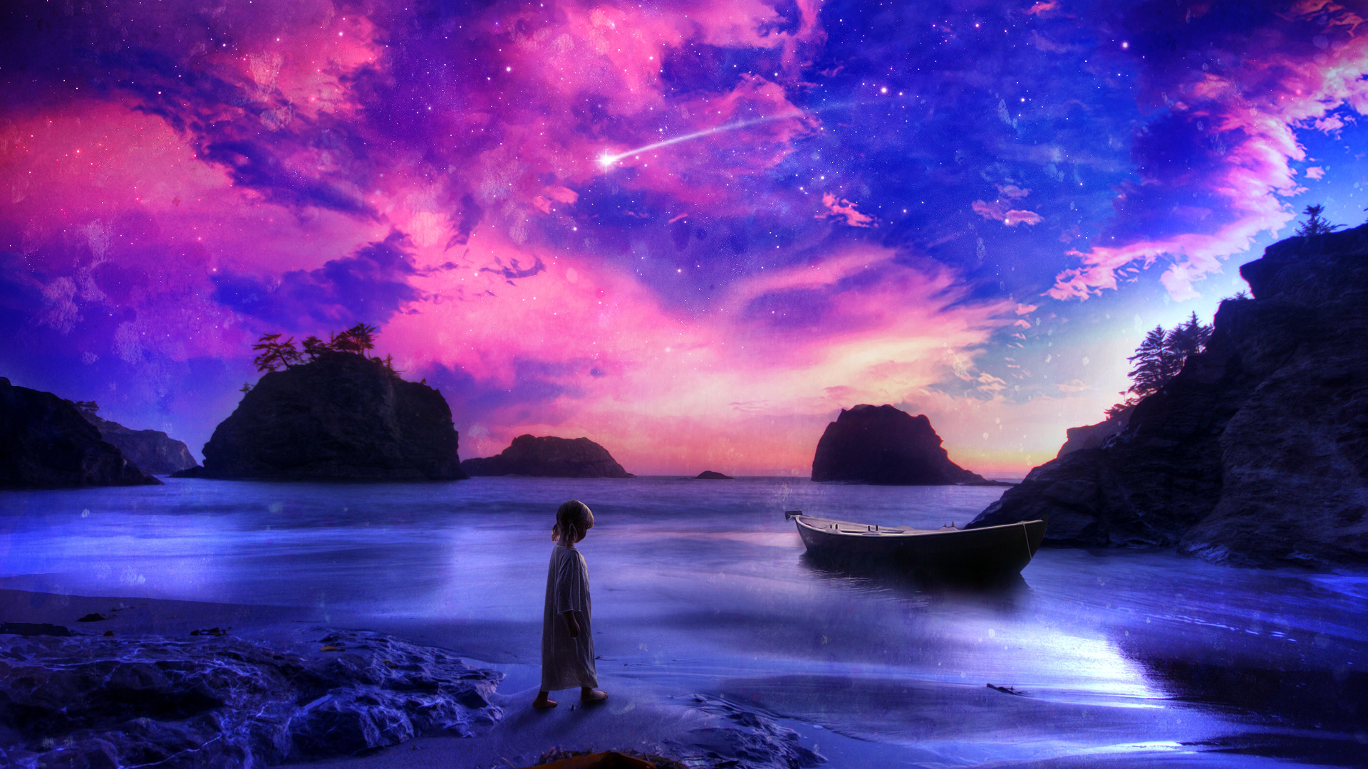 Spiaggia, Barca, Cielo viola, Fantasy, Full HD, sfondo Windows 11