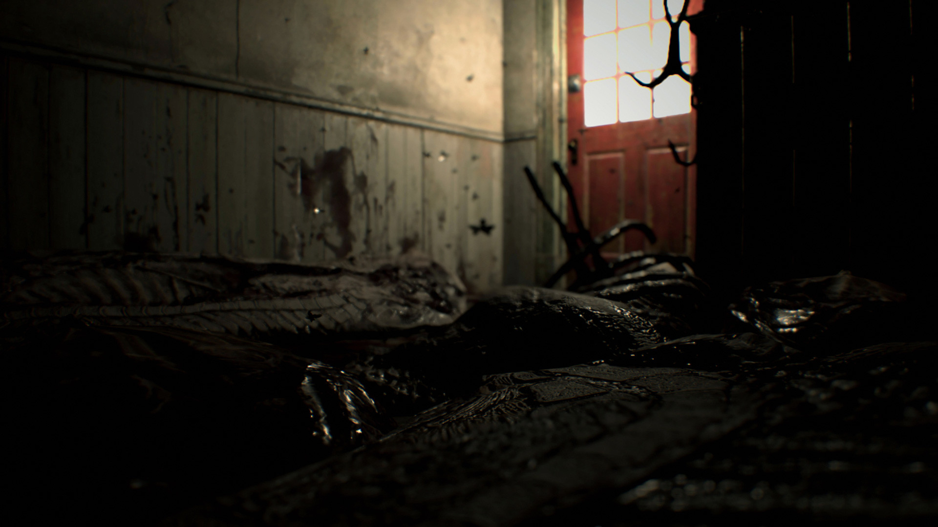 Resident Evil 7: Biohazard, Stanza abbandonata, Porta rossa, Buio, Horror, sfondo 16:9 Full HD