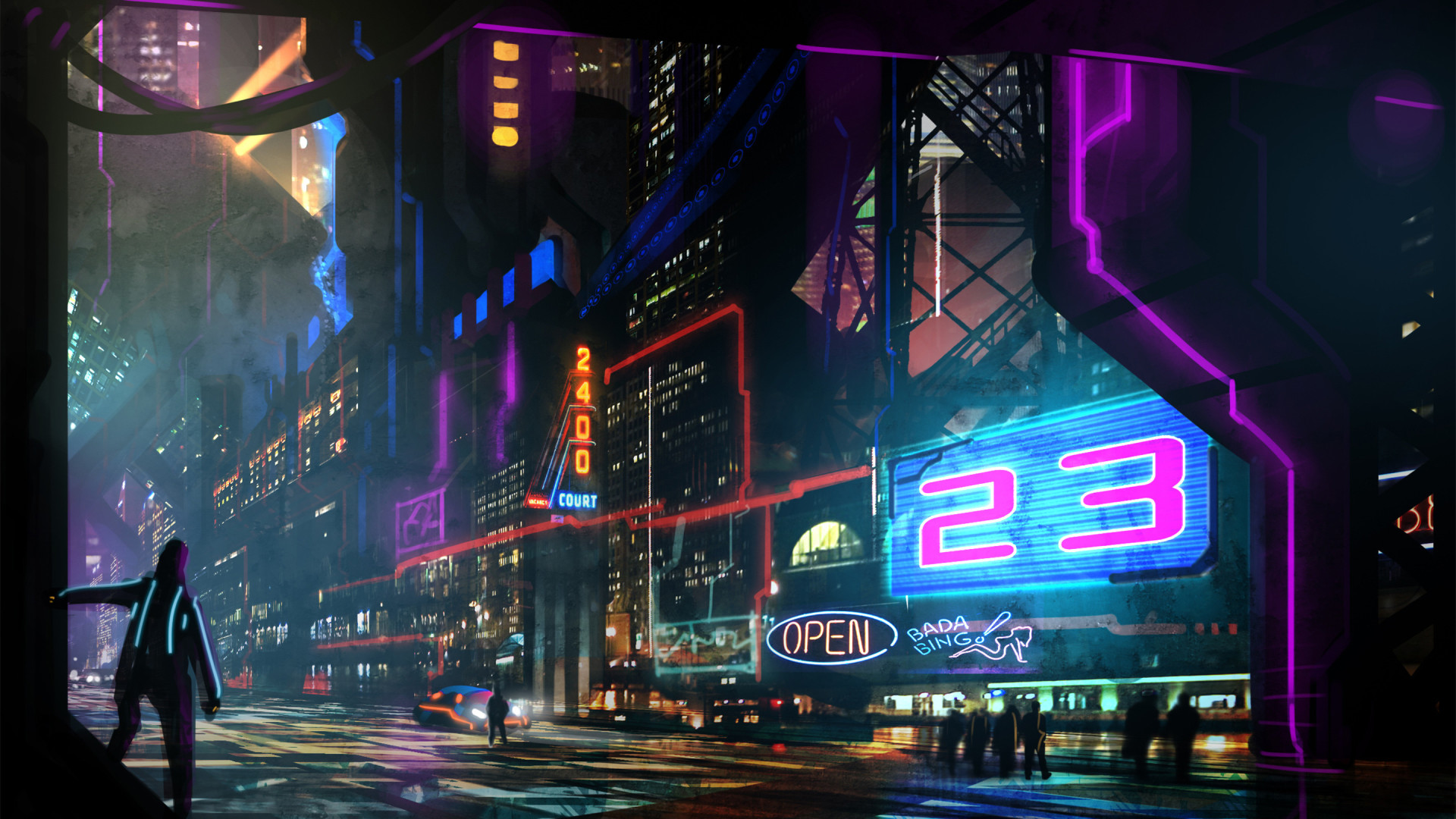 Città cyberpunk, Insegne al neon, Strada, Notte, Full HD, wallpaper per computer