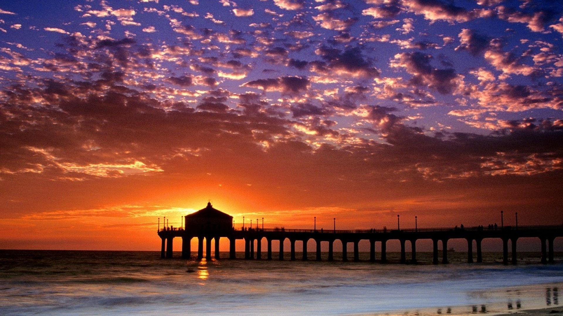 Molo, Tramonto, Oceano, Nuvole, Cielo arancione, Full HD, sfondo per desktop