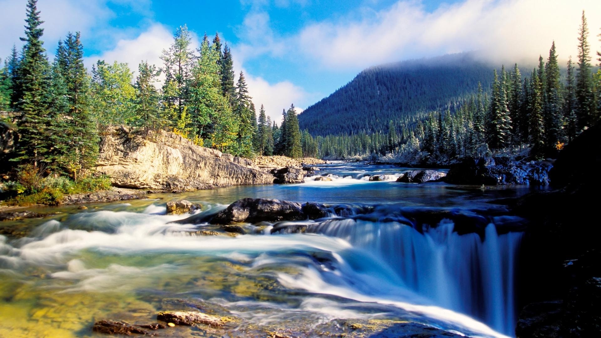 Cascata, Fiume, Foresta, Montagne, Full HD, sfondo per PC