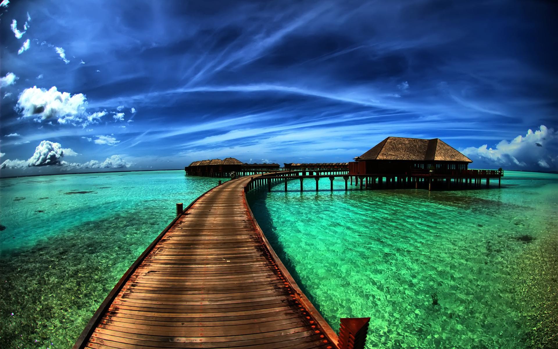Maldive, Pontile in legno, Bungalow sull'acqua, Mare turchese, 1920x1200, immagine di sfondo