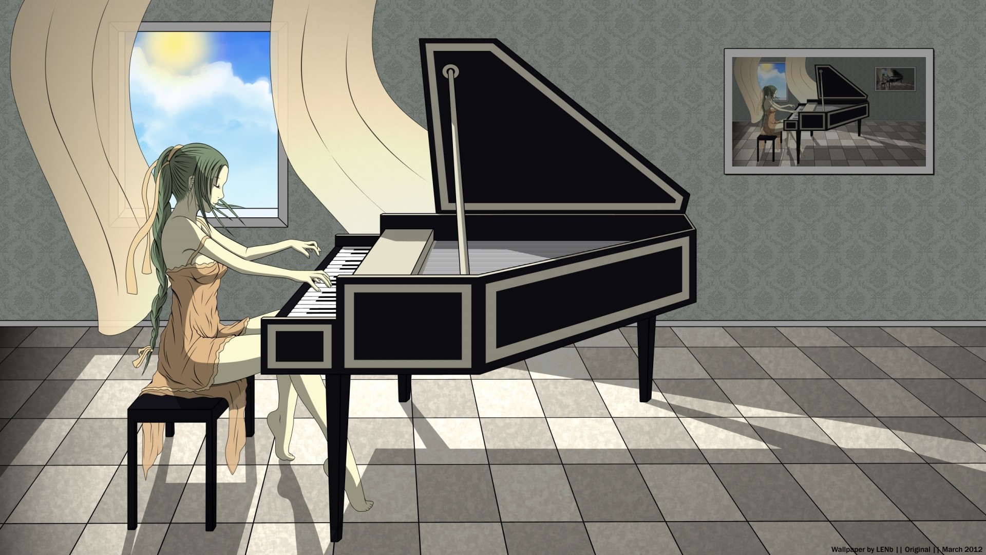Pianoforte a coda, Ragazza anime, Pianista, Illustrazione, 1920x1080, immagine di sfondo
