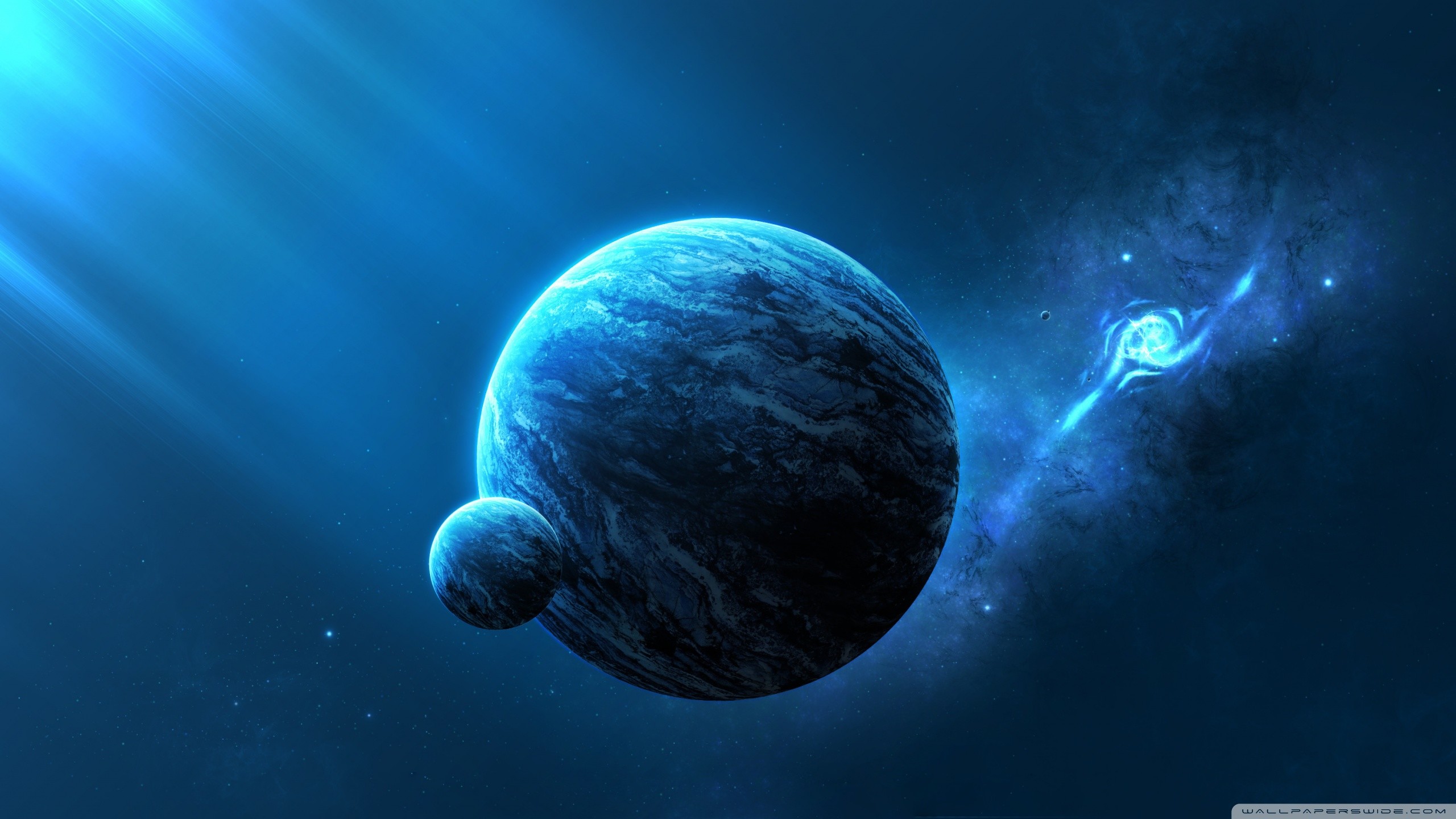 Pianeta, Luna, Galassia, Blu, 16:9 2K, sfondo widescreen