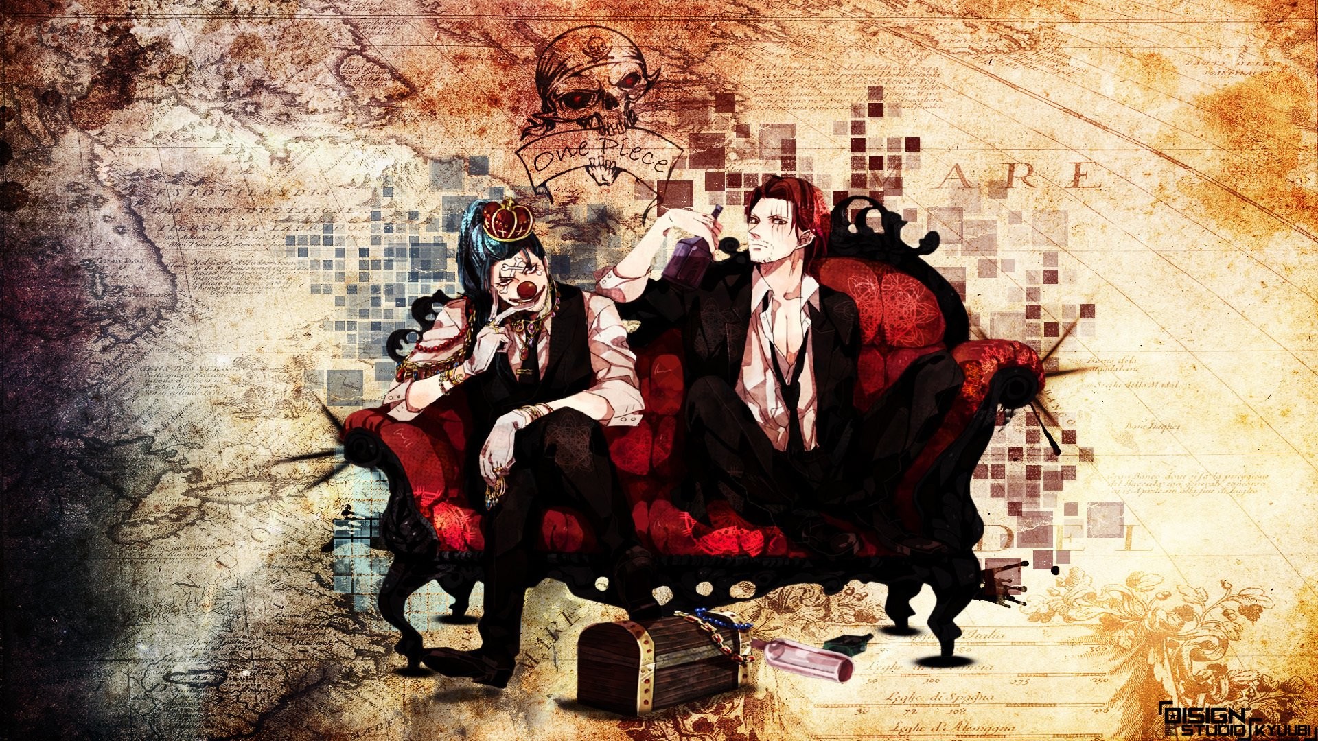 Shanks, One Piece, Divano rosso, Arte digitale, Full HD, sfondo per PC