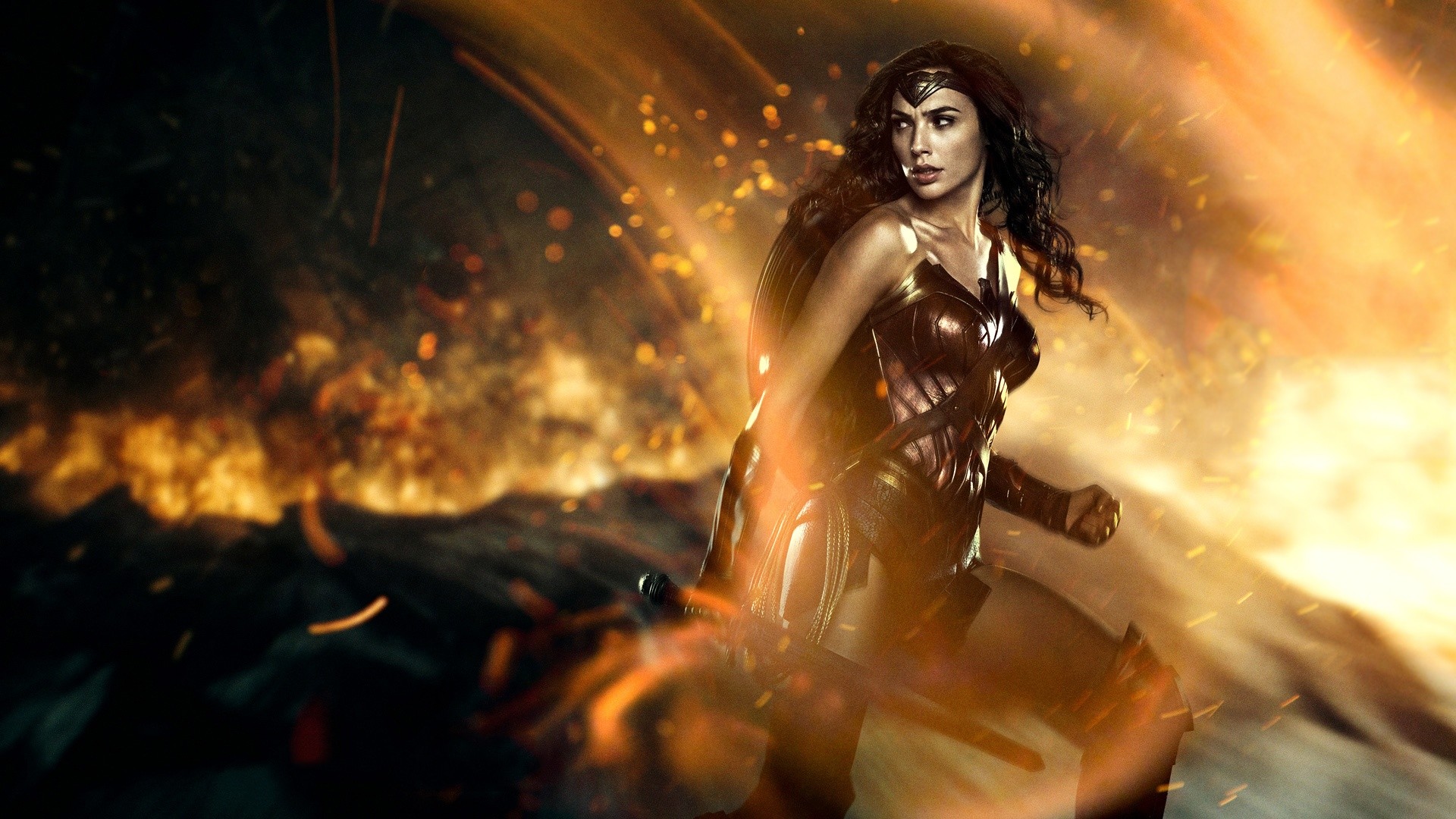 Wonder Woman, Gal Gadot, Fuoco, Scintille, 1920x1080, immagine di sfondo