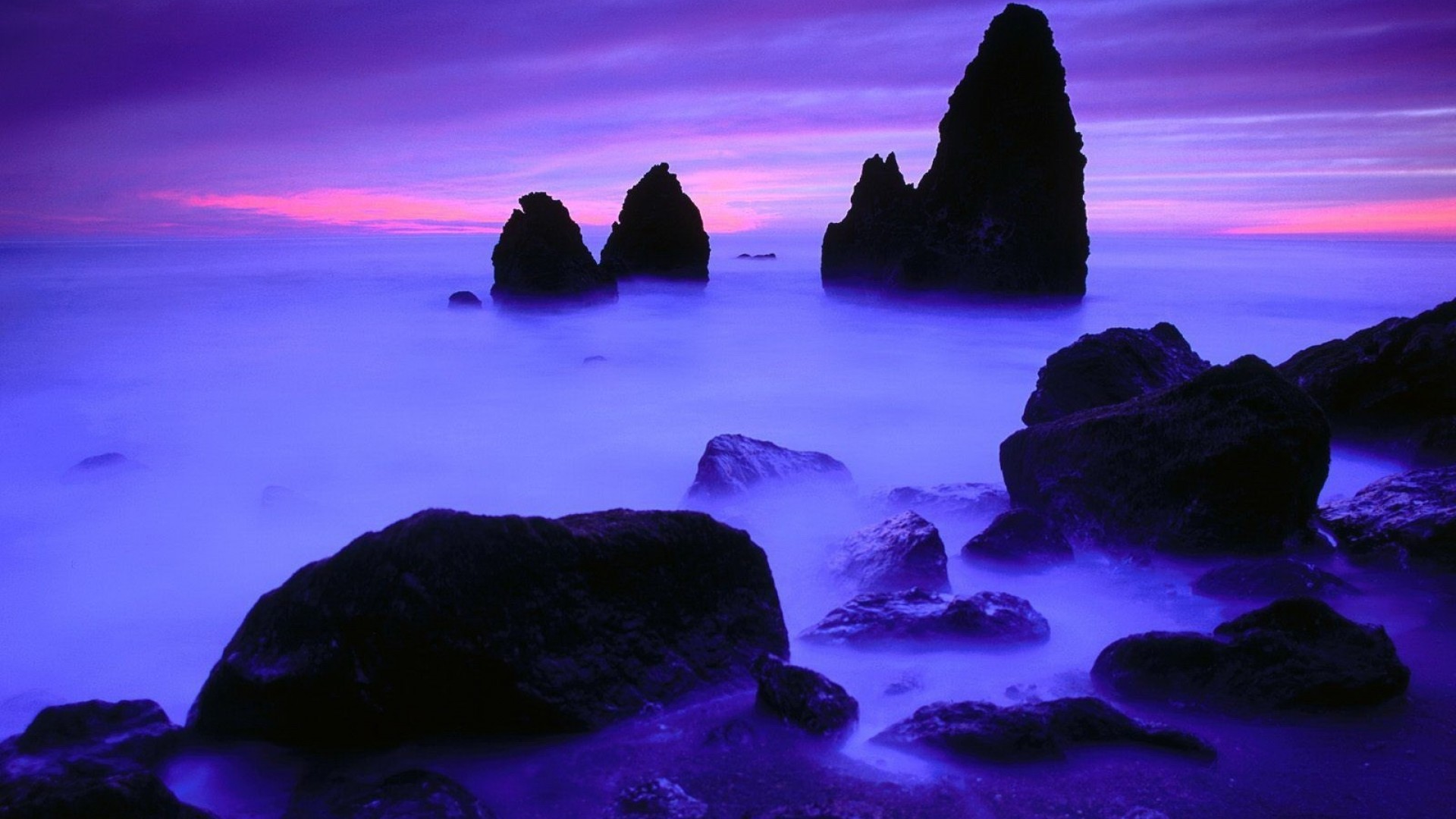 Scogli, Mare, Crepuscolo, Viola, 16:9 Full HD, sfondo widescreen