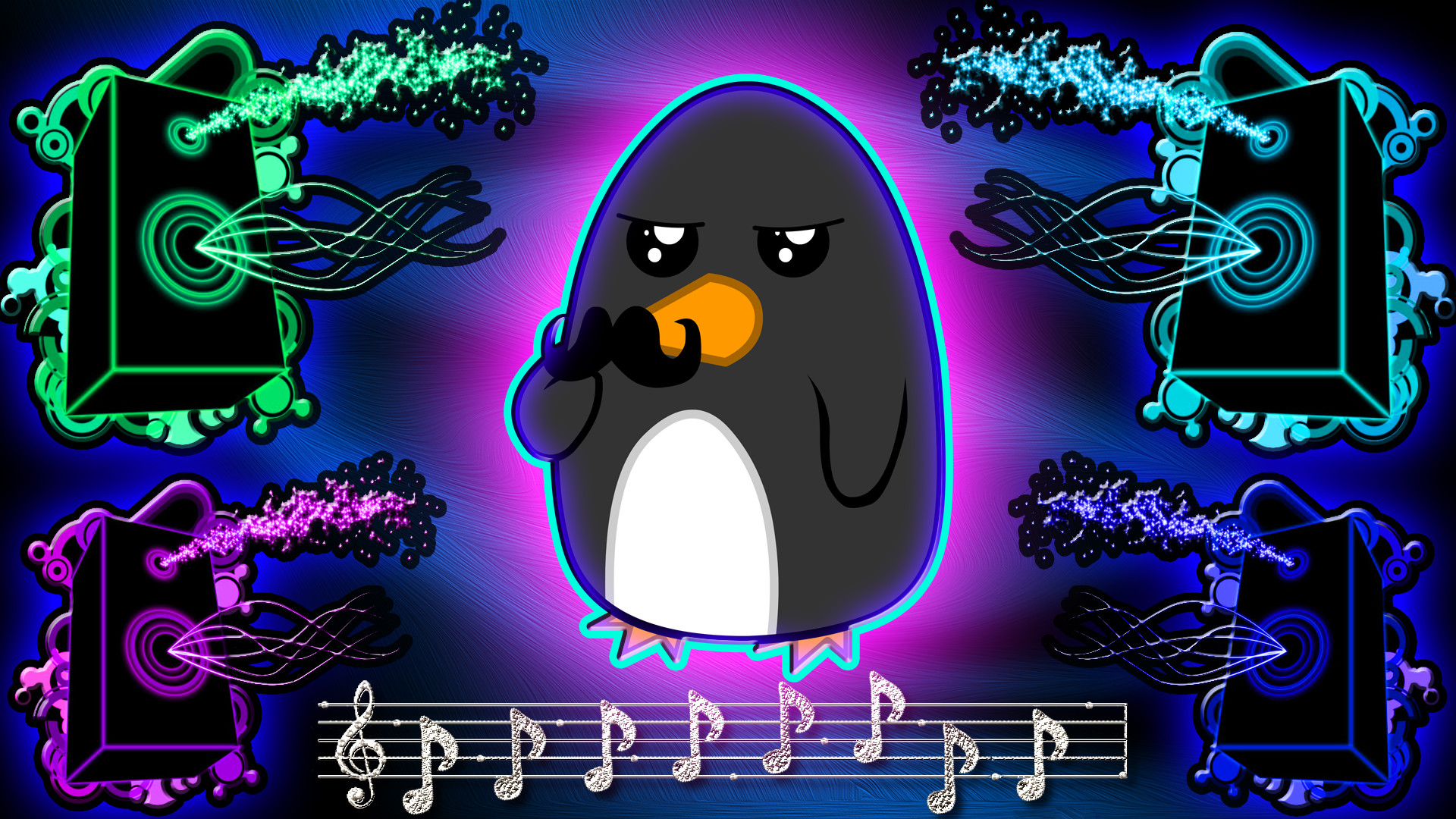 Pinguino, Casse audio, Note musicali, Colori neon, 1920x1080, immagine di sfondo