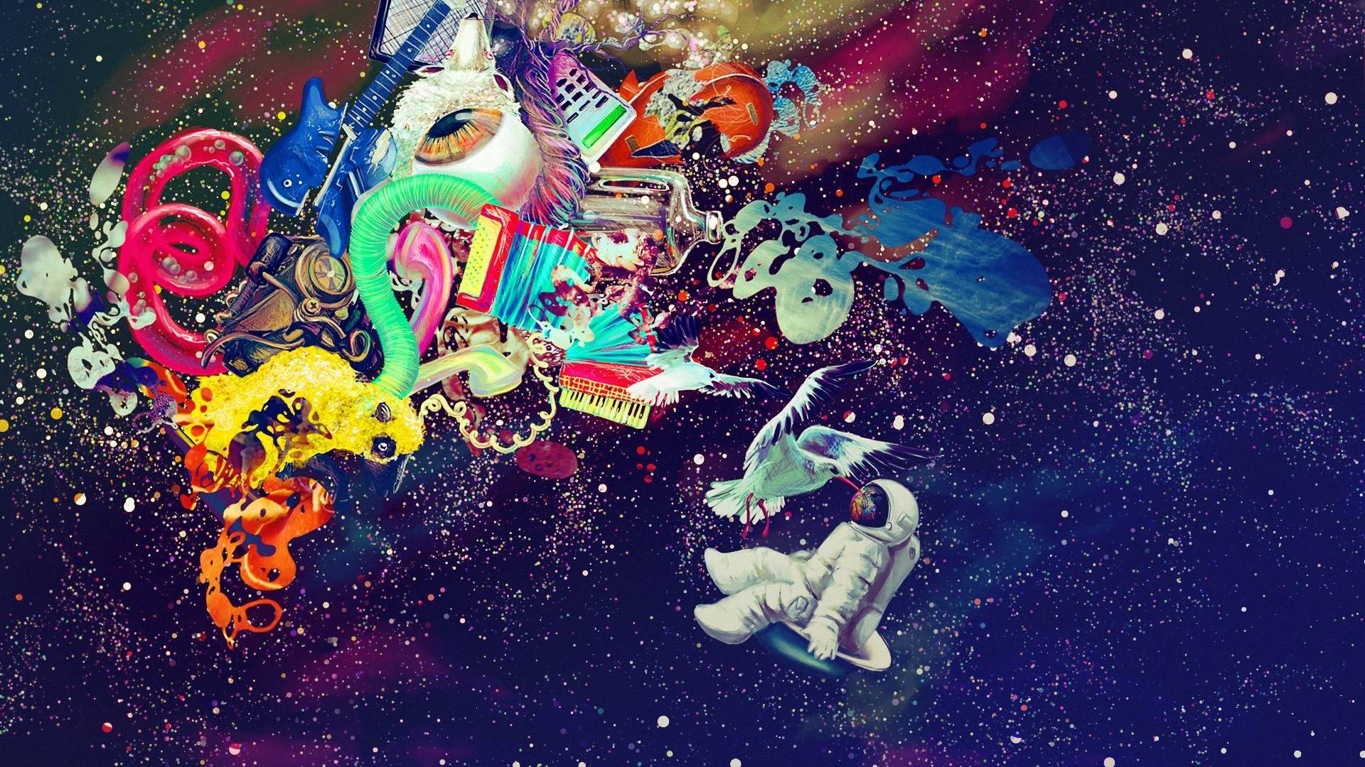 Astronauta, Spazio, Esplosione di colori, Surreale, Full HD, wallpaper per PC