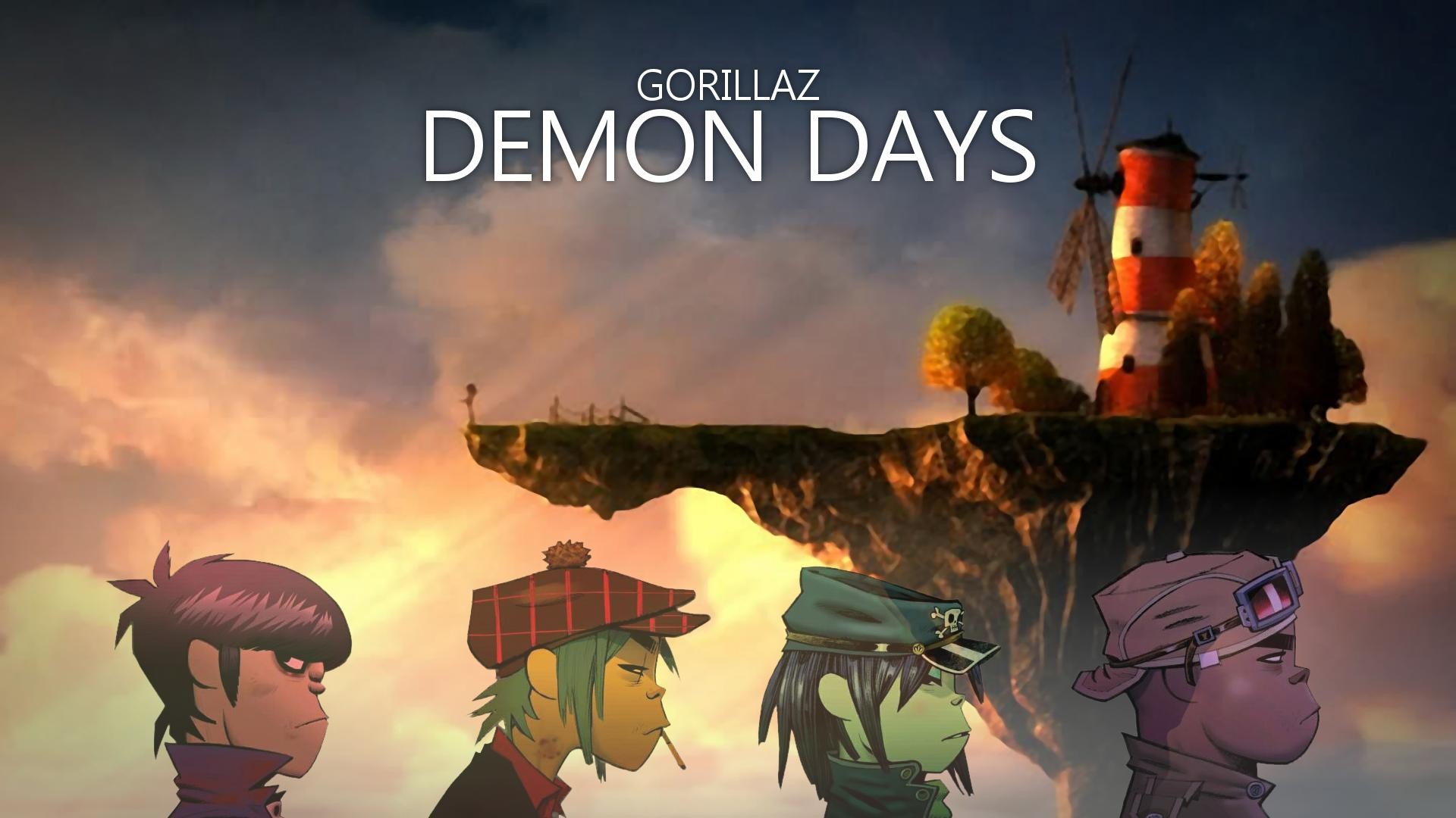 Gorillaz, Demon Days, Isola volante, Mulino a vento, Tramonto, 1920x1080, sfondo per PC