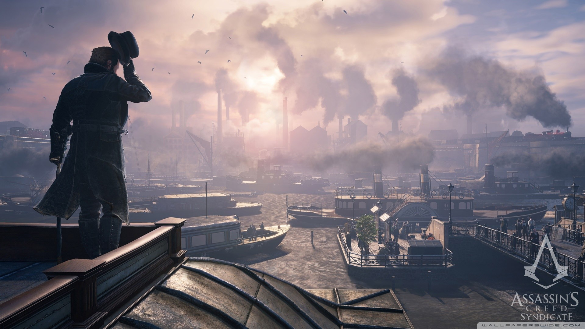 Assassin's Creed Syndicate, Londra, Tamigi, Ciminiere, Cilindro, Tetti, sfondo desktop Full HD