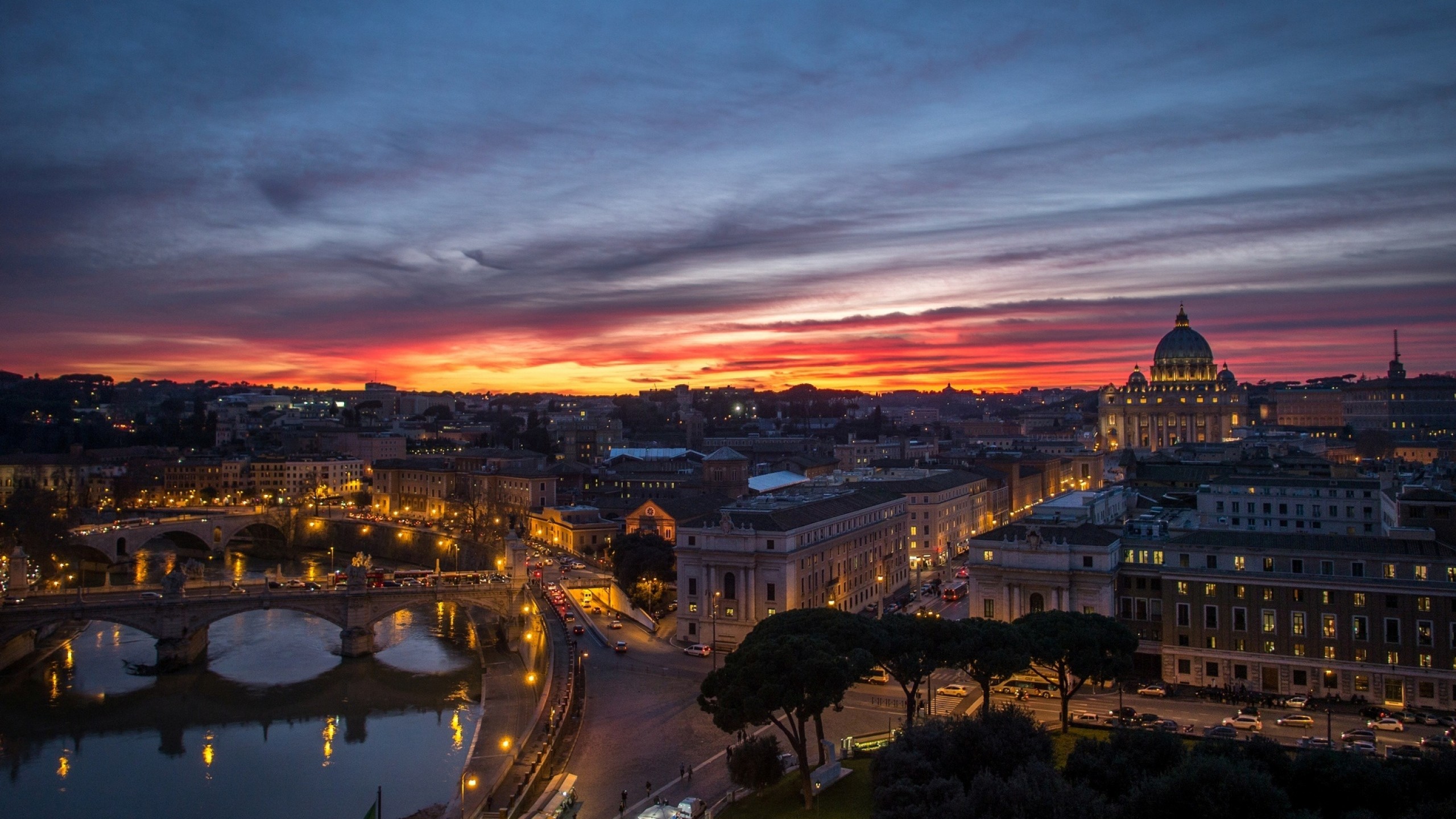 Roma, Basilica di San Pietro, Tevere, Tramonto, Italia, 16:9 2K, sfondo widescreen