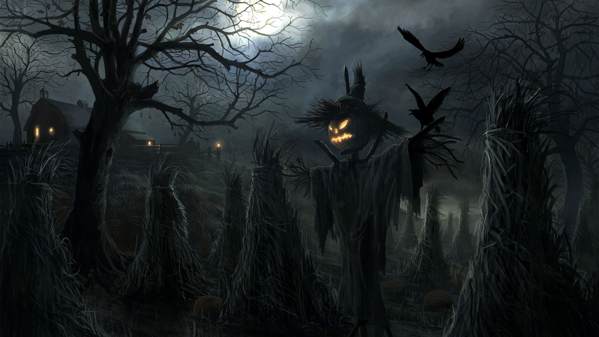 Spaventapasseri, Bosco oscuro, Corvi, Nebbia, 16:9 Full HD, wallpaper widescreen
