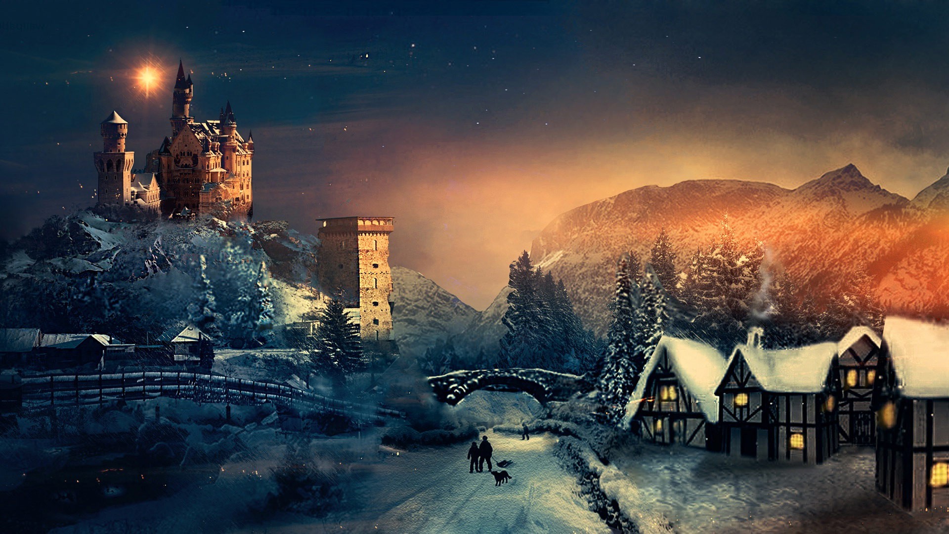 Villaggio innevato, Castello, Crepuscolo, Arte digitale, 16:9 Full HD, sfondo widescreen