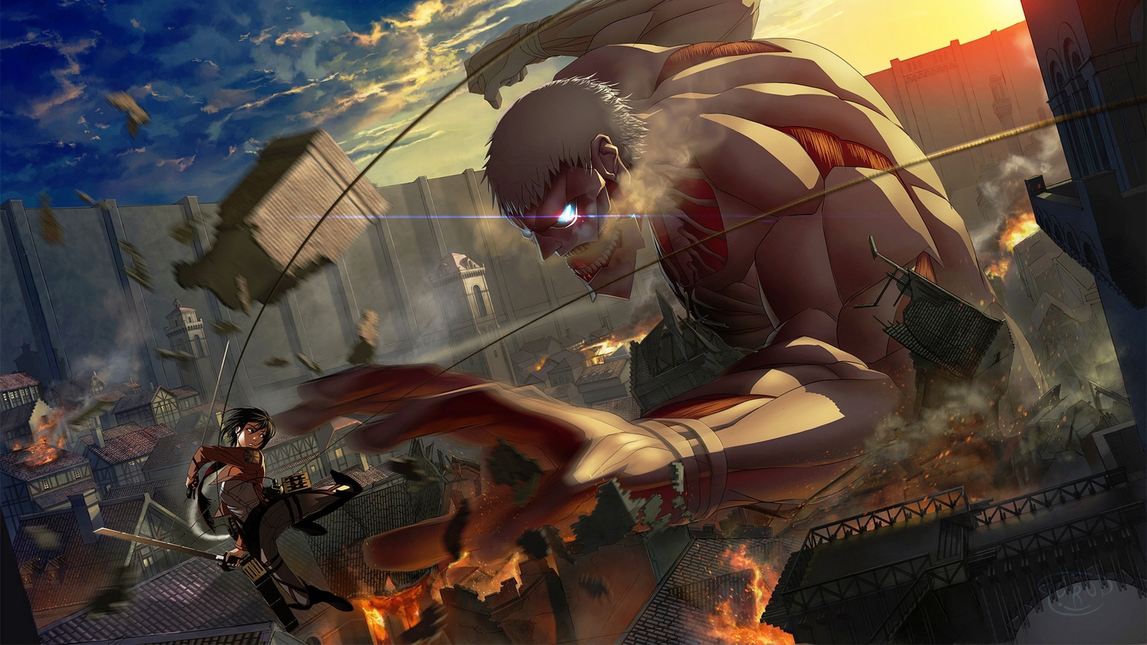 Gigante corazzato, Mikasa Ackerman, L'attacco dei giganti, Battaglia, Fuoco, sfondo Ultra HD