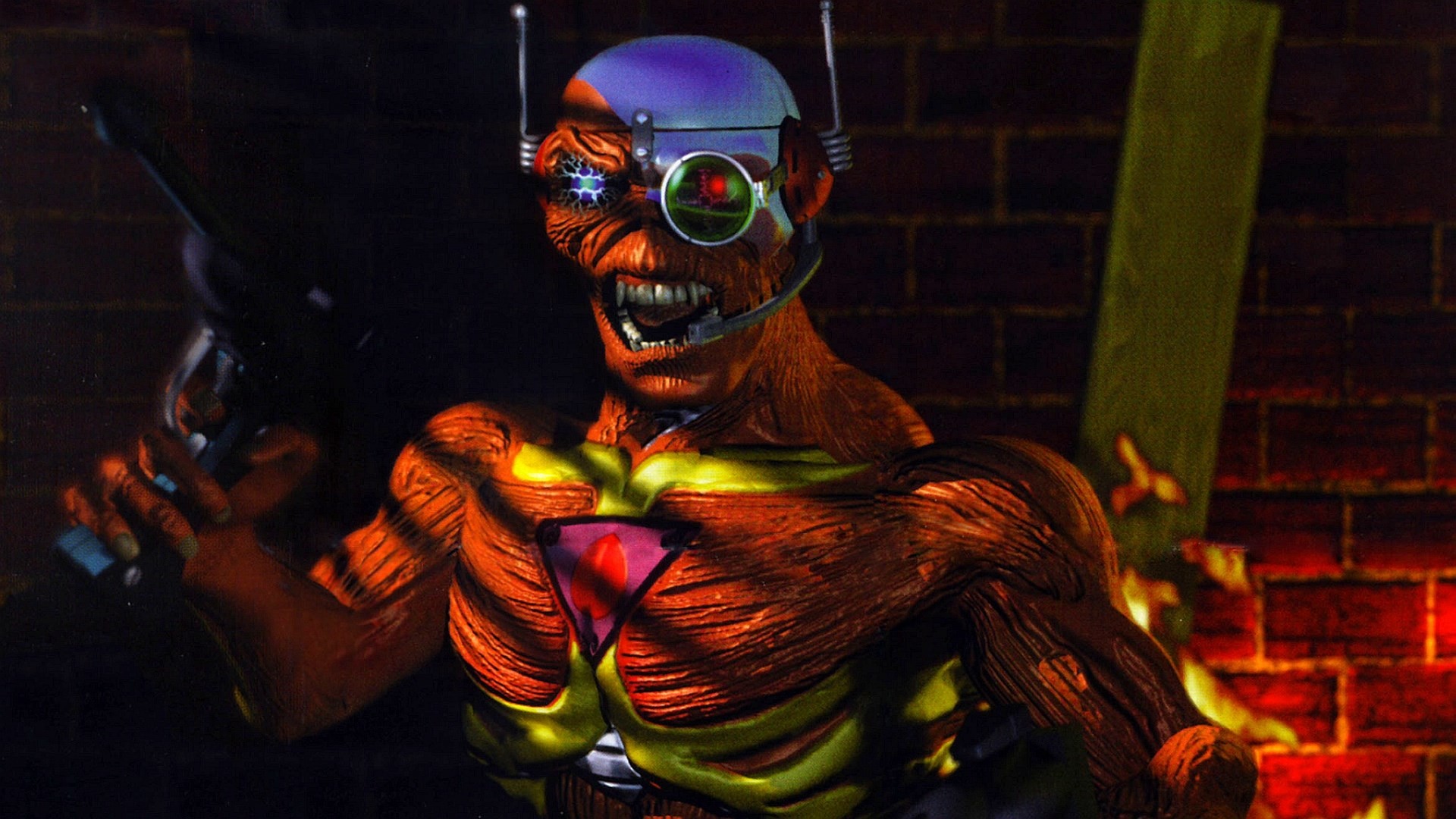 Eddie, Iron Maiden, Cyborg, Pistola, Muro di mattoni, 1920x1080, sfondo per PC