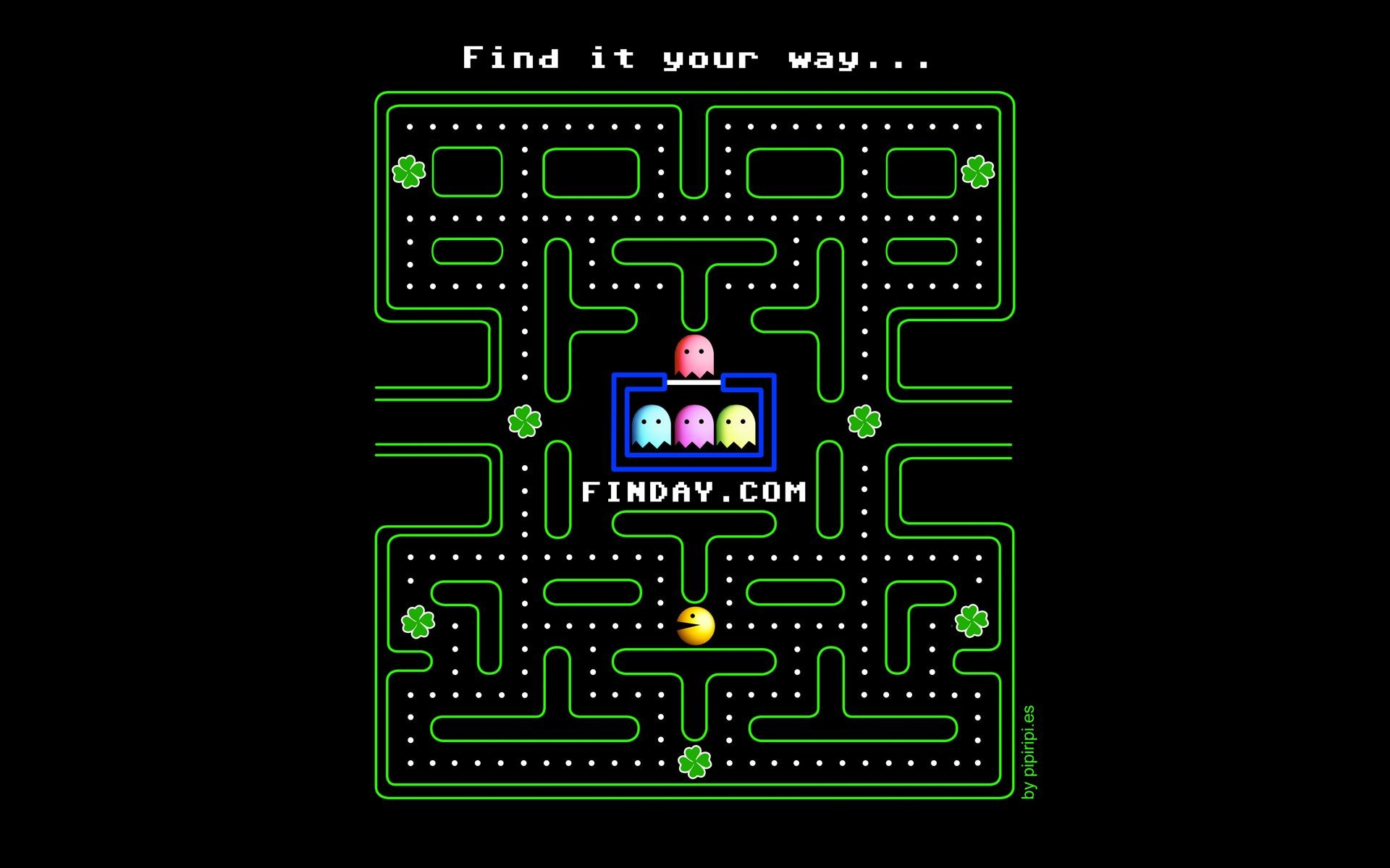 Pac-Man, Labirinto, Find it your way, Verde, Sfondo nero, Full HD, wallpaper per computer