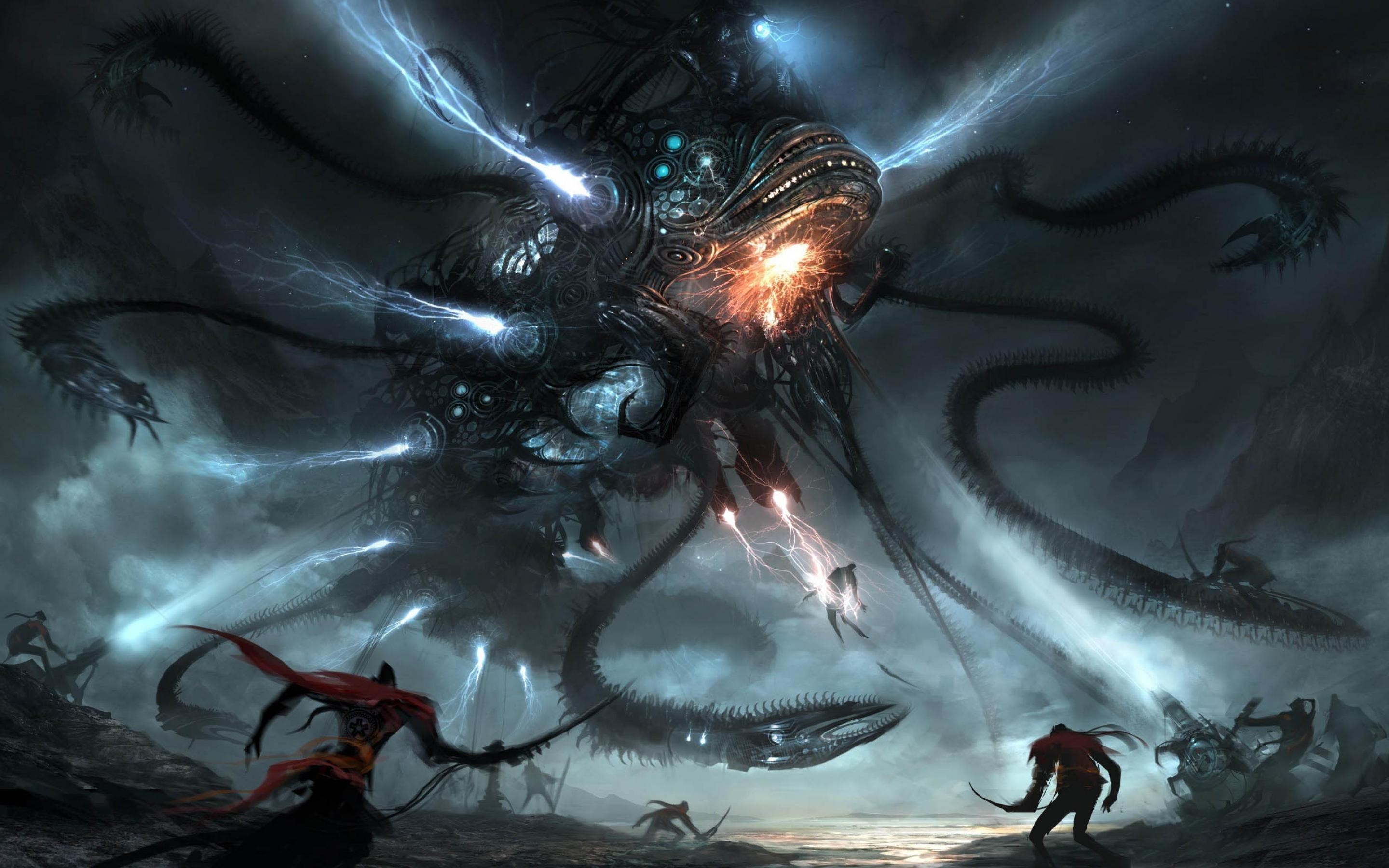Mostro tentacolare, Battaglia, Guerrieri, Dark fantasy, Fulmini, Arte digitale, sfondo 2K