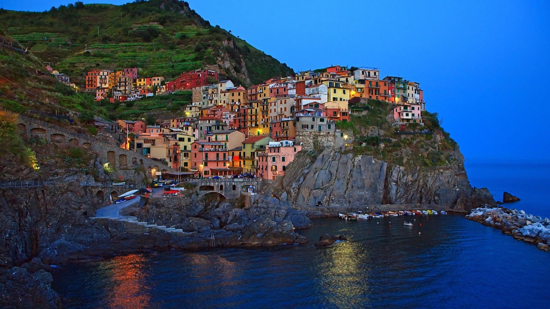 Manarola, Cinque Terre, Liguria, Italia, Sera, Full HD 1080p, sfondo desktop