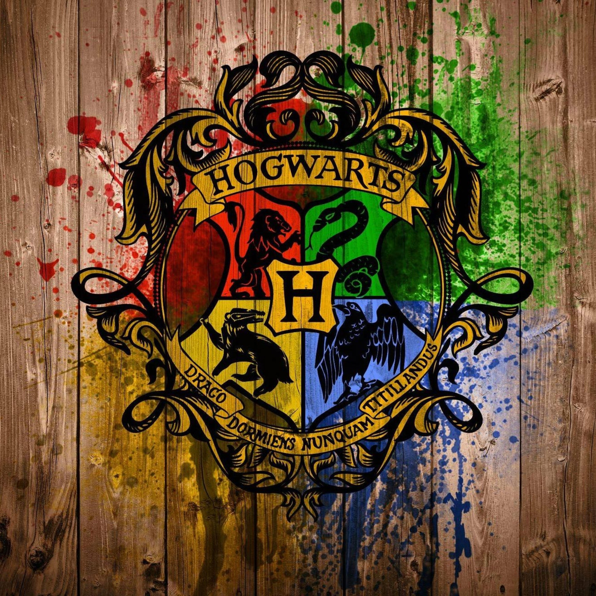 Stemma di Hogwarts, Harry Potter, Schizzi di colore, Legno, Full HD, sfondo per iPad e tablet