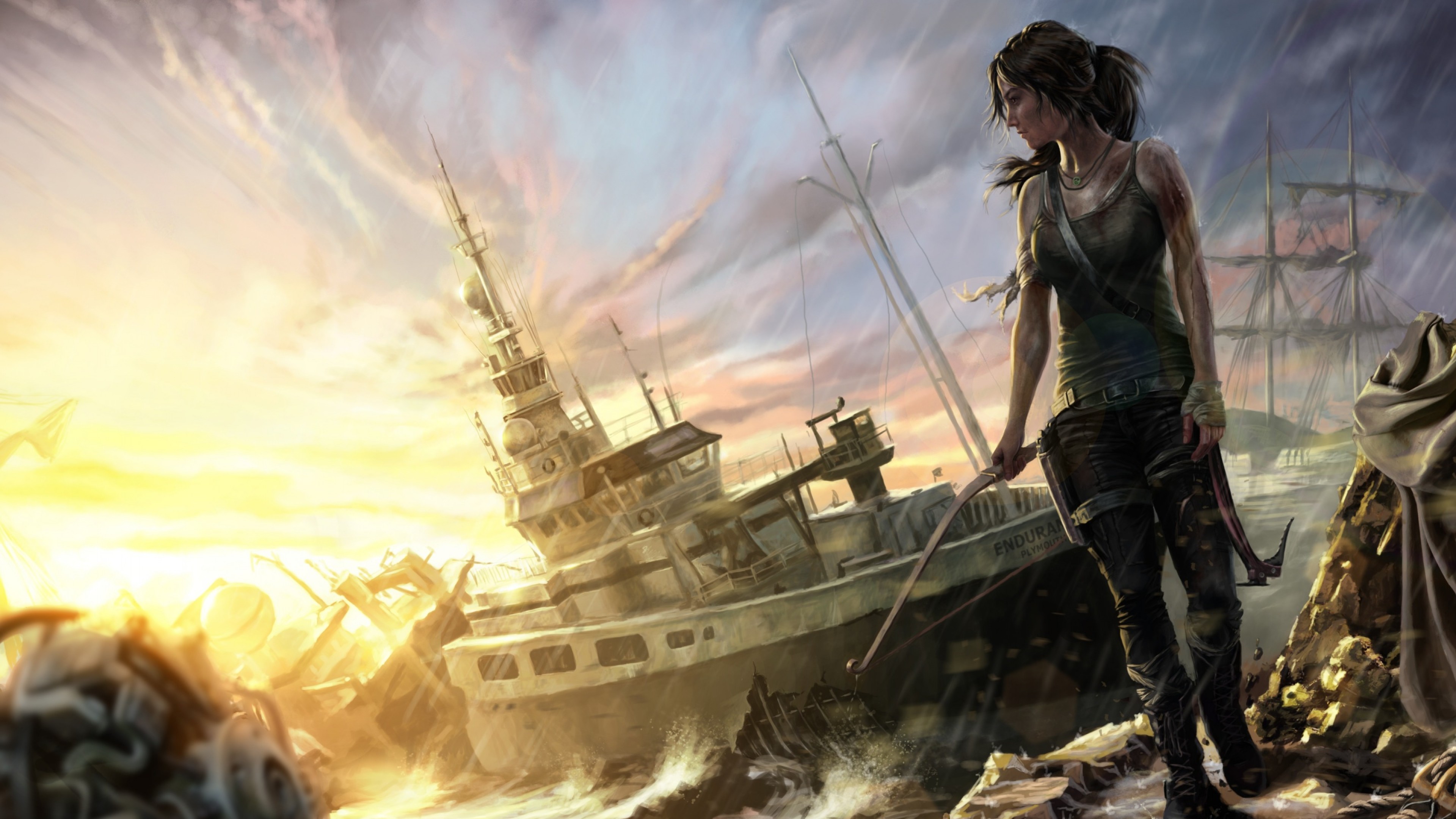 Lara Croft, Tomb Raider (2013), Nave naufragata, Tramonto, 3840x2160, immagine di sfondo