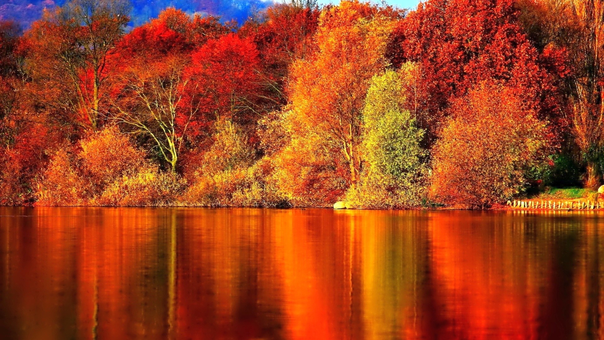 Lago, Bosco, Riflesso, Foglie rosse, 1920x1080, immagine di sfondo